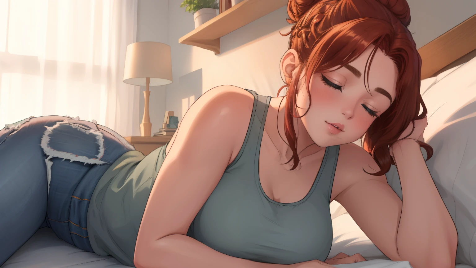 "A cozy room night scene rainy day featuring A woman with short wavy auburn hair tied in a loose bun, wearing a pink tank top and fit jeans, laying on the bed
