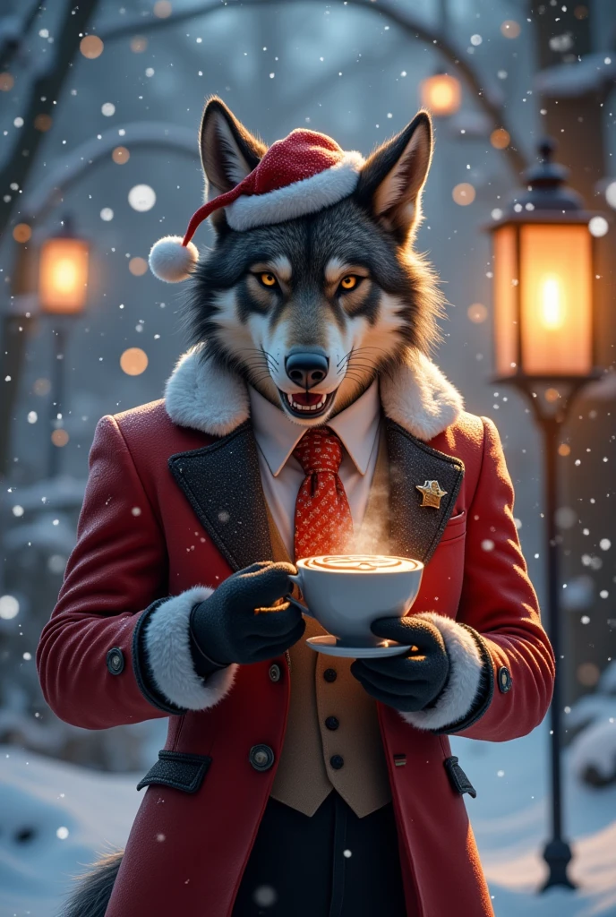 an elegant werewolff wearing a Christmas suit and holding a bag of gifts, Christmas decoration at night
