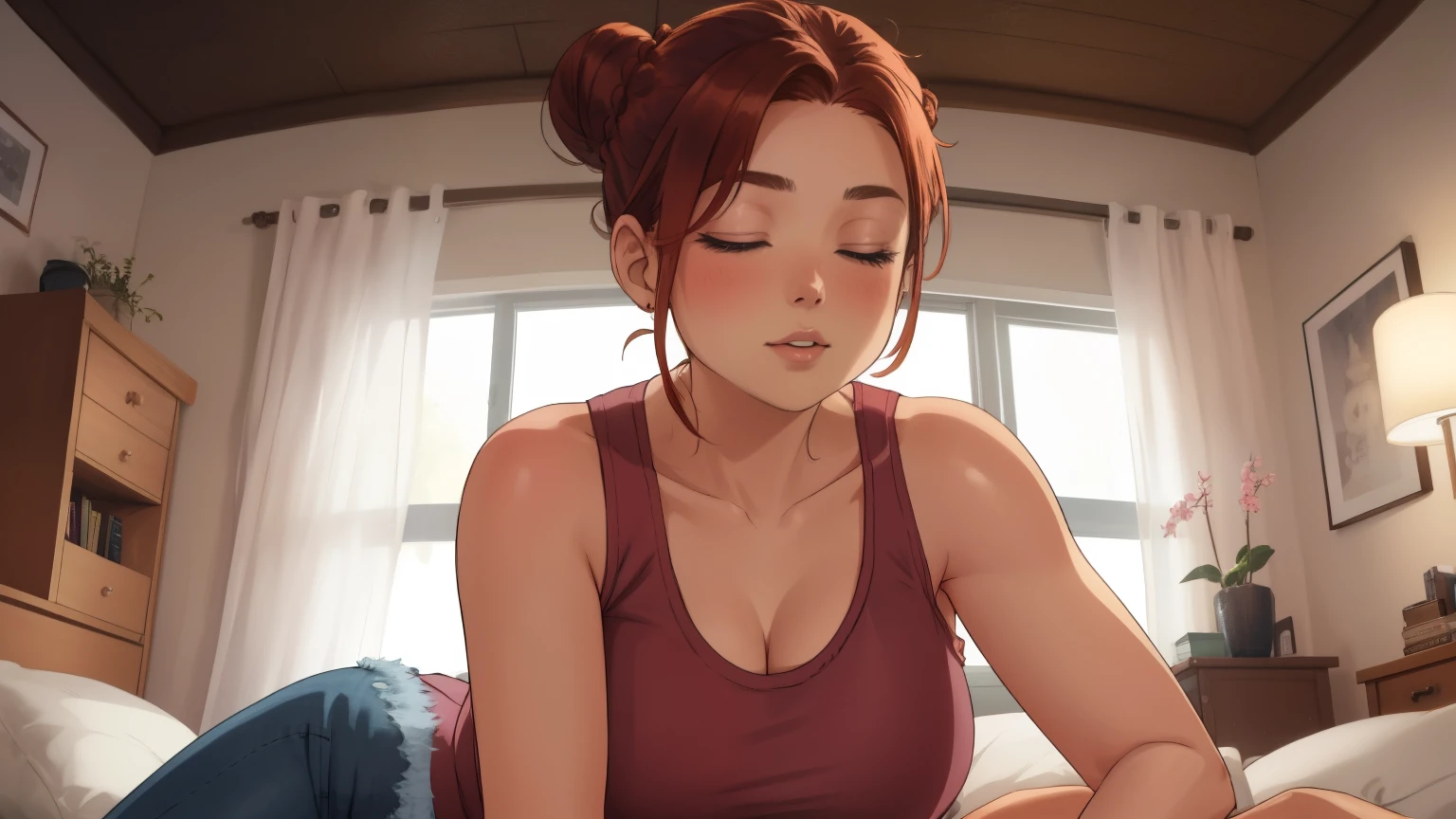 "A cozy room night scene rainy featuring A woman with short wavy auburn hair tied in a loose bun, wearing a pink tank top and fit jeans, laying on the bed
