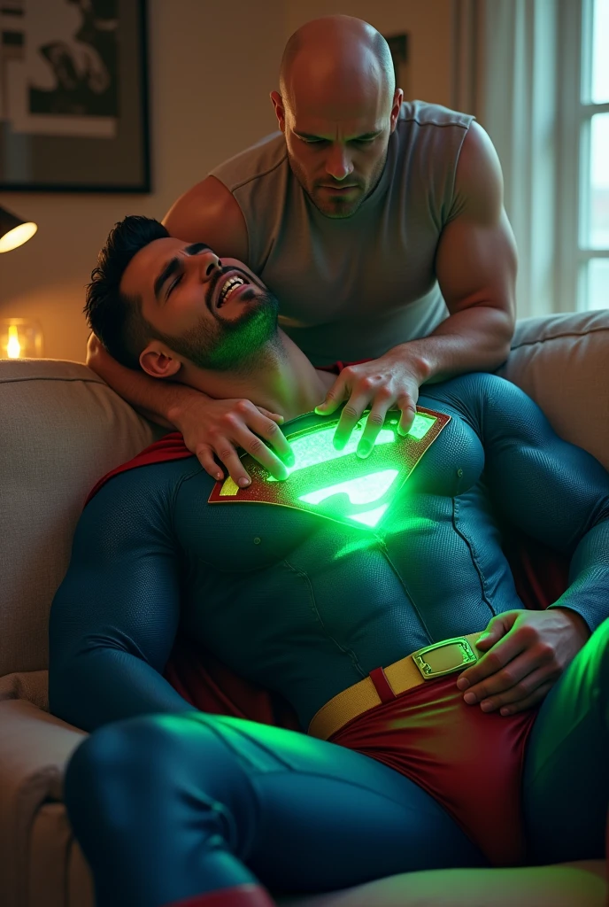 full body shot of a muscular attractive p4l4d1nd4n53, good looking man with Short stubble, muscular thighs, dressed in a blue Superman costume. He has a pained expression, orgasm face, eyes closed, mouth slightly open. He is at home on sofa, a bright emerald green crystal pendant hanging from his neck. He appears weak and in pain, with his eyes closed. Behind p4l4d1nd4n53 stands an attractive, bald, white man wearing an unbuttoned olive green denim shirt, touching Superman's chest with his hands.