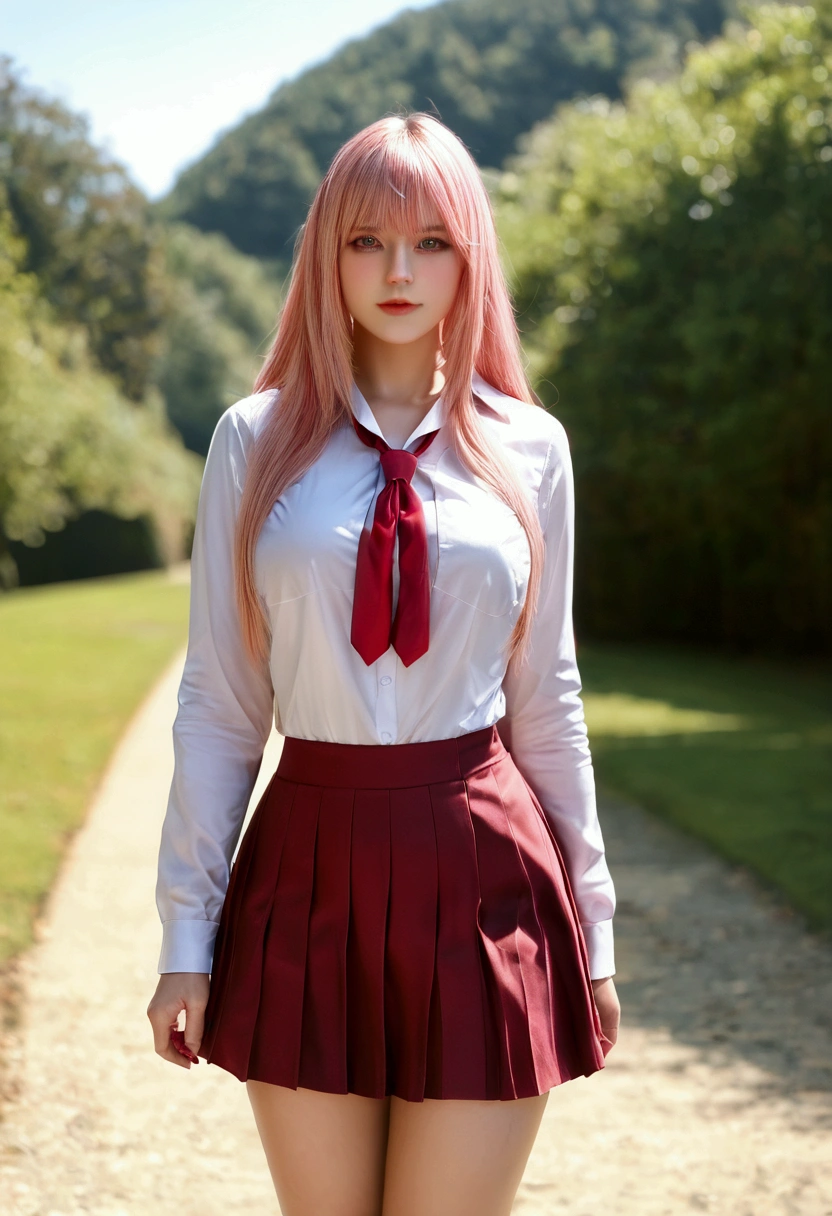 bmasterpiece、top-quality、hight resolution)、 Real life adaption for this character, Masterpiece, high quality, best lighting, cinematic, 1girl, zero two, pink hair, (perfect body), ((schoolgirl uniform)), looking at viewer, standing, outdoors