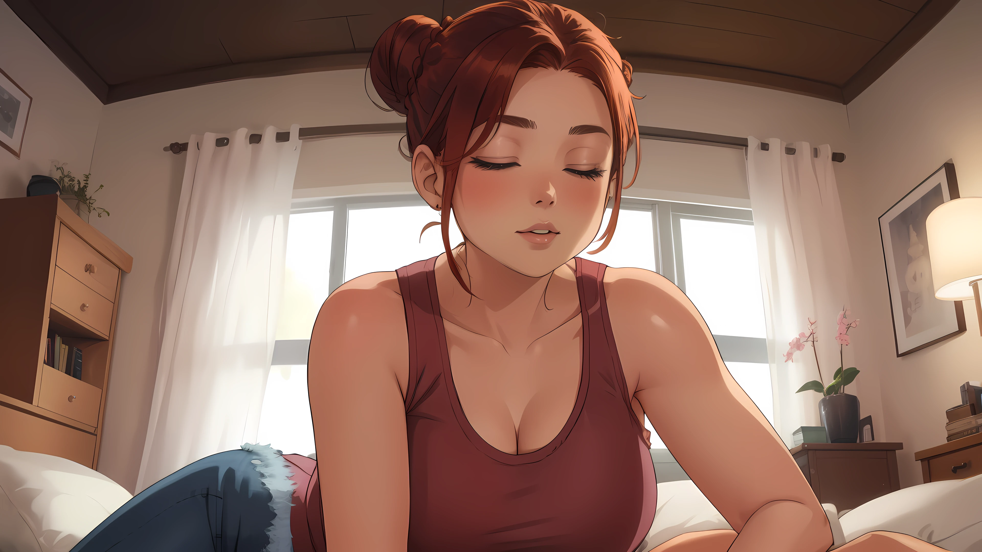 "A cozy room night scene rainy featuring A woman with short wavy auburn hair tied in a loose bun, wearing a pink tank top and fit jeans, laying on the bed
