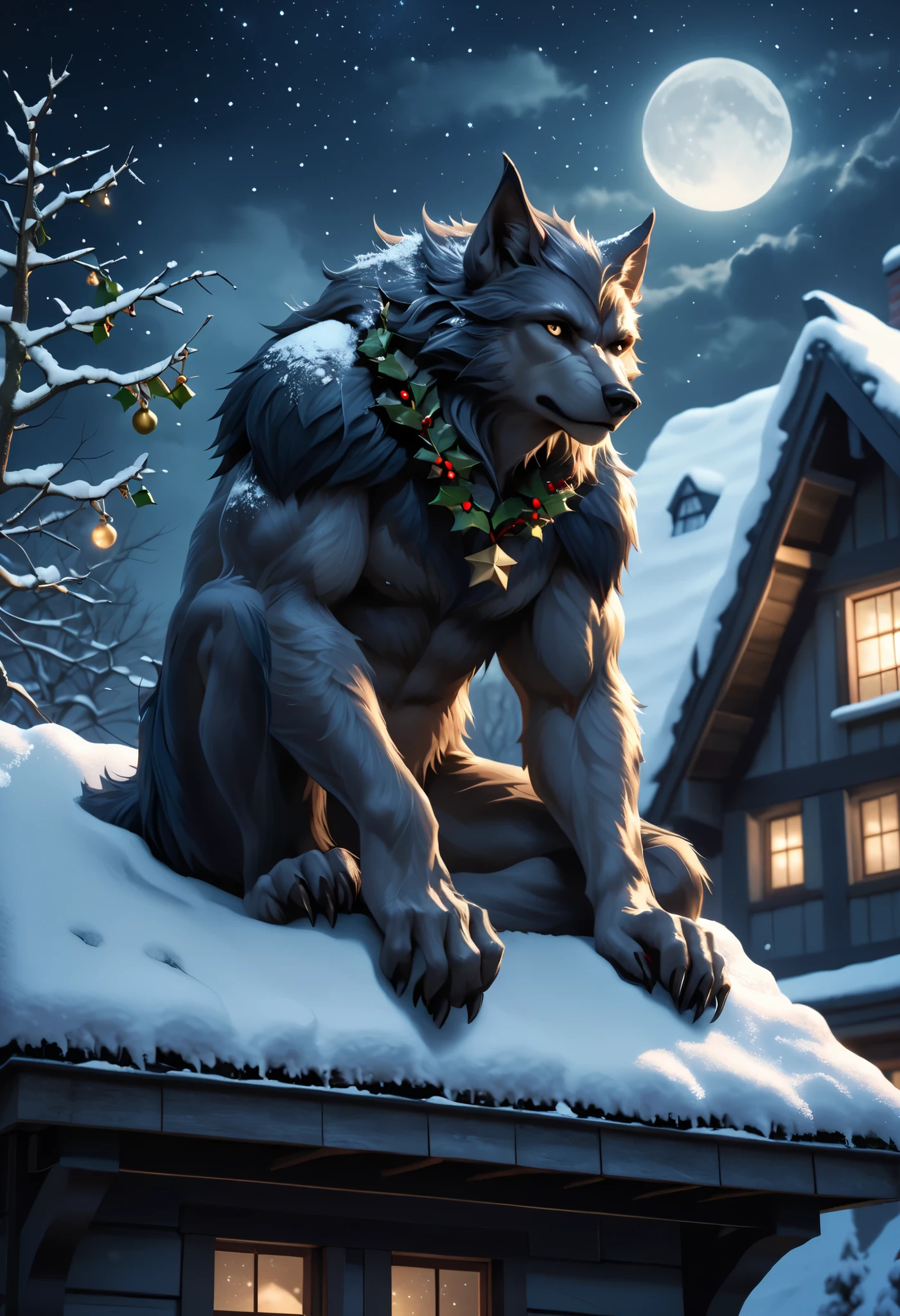 a werewolf sitting on a cottage roof with fluffy snow-crystal fur, under a snowy starry sky, gazing at the holly branches with a melancholy expression, christmas eve, photorealistic, cinematic lighting, dynamic composition, highly detailed, muted color palette, moody atmosphere