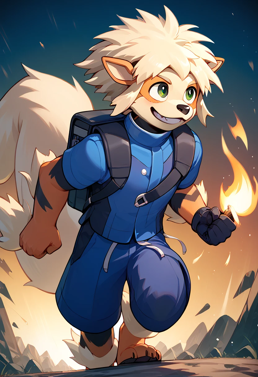 Nate, blue uniform, black metalic gloves, smiling, adult version, no hat, black backpack, green eyes,  mounting on arcanine while running, arcanine with flames on his legs