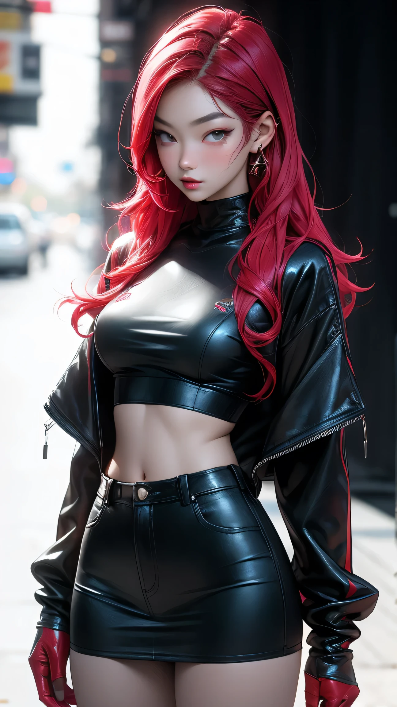 young girl, kim chaewon as a sexy young girl, full body view, fullbody, full body, kim chaewon is a girl, 1girl, fantasy gothic city background, kim chaewon, girl, small breast, figure, long red hair, red eyes, face front, tight fantasy leather armor, belly exposed, legs exposed, tight black shorts, emotional face, make up, masterpiece, best quality