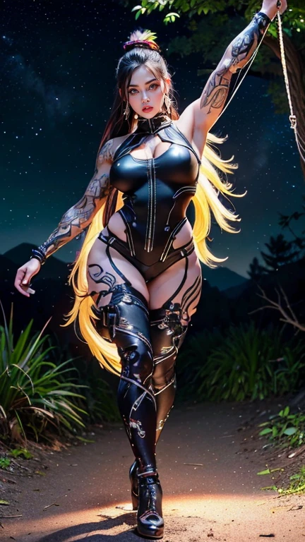 High ultra detailed photography and ultra detailed depiction of the body and face of a light-skinned woman with muscular female figure and full body pose. swinging dancing on a clearing at night and a starry sky. Woman looking into the camera. Clothing biomechanical ladies vest with zippers and a biomechanical leggings and biomechanical high heels. Clothing in ying and yang styles and colors. Hairstyle braided mohawk. brightly colored large Japanese tattoos. The model is tall and has a full body. Biomechanical clothing. Woman has a feminine curvy body stature. The woman's pose is frontal to the camera.