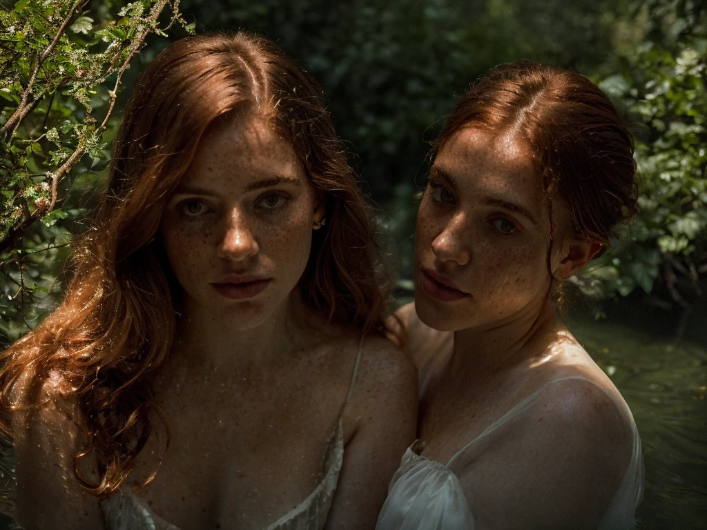 A girl emerging from the water, beautiful redhead young girl, delicate pale skin, white victorian blouse, see through (whole body:1.2),frappé par un (Un rayon de soleil depuis une fenêtre:1.1), detailed facial features, water splashing, intricate floral details, dramatic lighting, muted color palette, (whole body:1.2), top down view, two girls whispering to each other,double exposure, a beautiful misty landscape, fog, steam, atmospheric, dramatic lighting, cinematic, moody, ethereal, fantasy, mist, hazy, dream-like, serene, peaceful, calming, soft focus, depth of field, 8k, photorealistic, highly detailed, masterpiece, intricate details, lush environment, nature, forest, mountains, hills, trees, atmosphere, mood, light rays, volumetric lighting, dramatic, emotive, cinematic, fantasy, mystical, tranquil, atmospheric, ethereal
