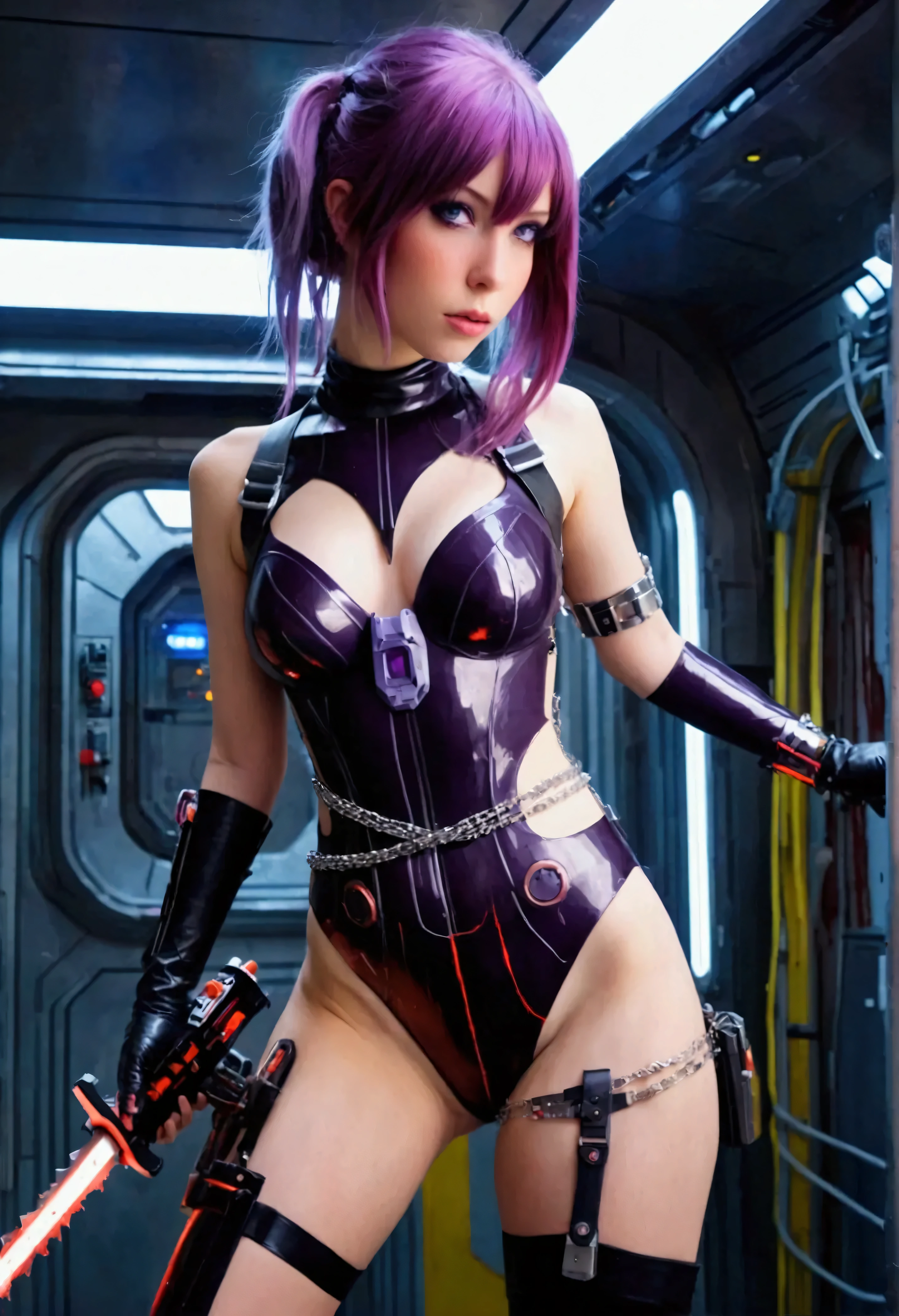 (photo realistic1.2),ultra detailed,(8K),(1girl),(cyberpunk:1.5),(ruins),(bed),Matte clothing,(cyberpunk costume:1.5),Futuristic Weapons,Future Items,Goggles of the Future,topless, (small nipples), (big breasts: 1.2),nude gravure, beautiful Japanese, clothes in disarray,earrings,(from above:1.5),(looking at viewer),(kneeling pose),smirk,(upper body),(spread legs:1.2),(purple hair),(medium hair),(half-up, half-down),22years old,