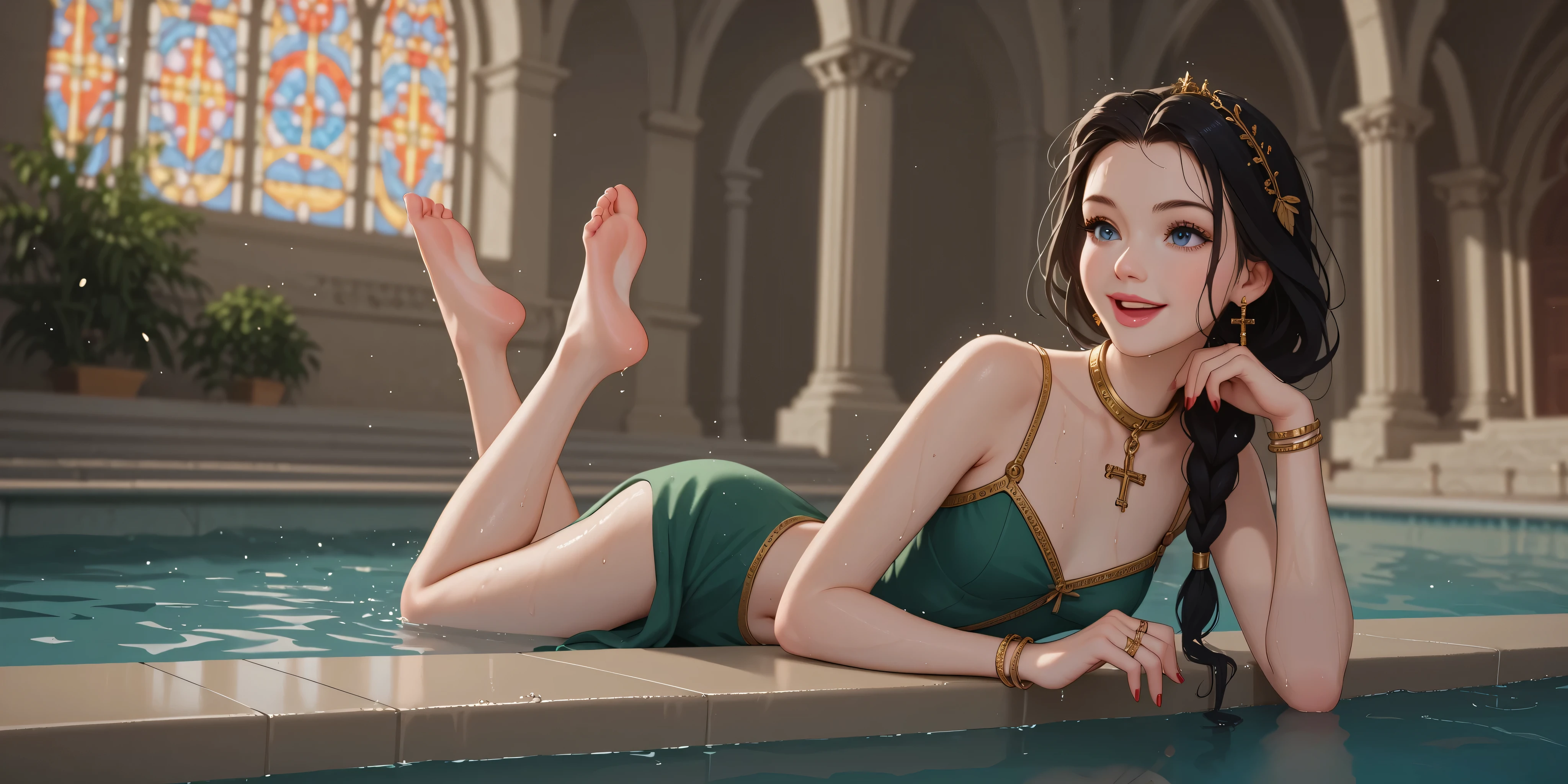 woman, green dress , wet body, tewrking, well lit , depth of field, full body, golden crucifix collar, earring, gold rings , gold bracelet, gold navel piercing, long straight hair , black hair, braided hair , wet hair, highly detailed, high contrast , best quality , masterpiece , high definition , black eye pencil, red nails, pink lips, Blue Eyes, pine trees, small breasts , perfect face , perfect hands , perfect feet, perfect eyes, perfect nose, flores, crucifixo, bare feet , church, over the water, pool, open smile