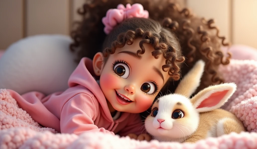 A 1  girl, bright black eyes, light brown skin color, thinning hair, almost bald, with a bow in her hair, cartoon style, Disney pixar animation , em um jardim cheio de borboleta