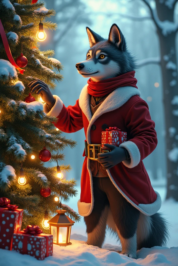 an elegant werewolff wearing a Christmas suit and holding a bag of gifts, Christmas decoration at night
