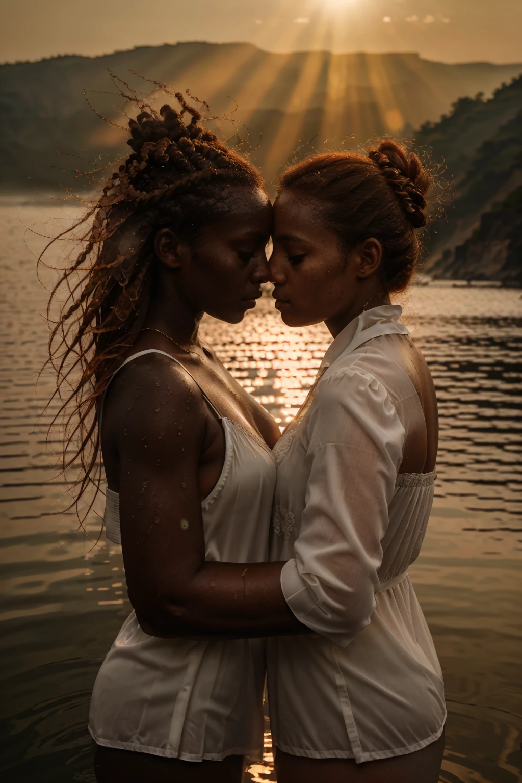 , 2girls, sexy winter outfit, lift dress , A girl emerging from the water, beautiful redhead young girl, delicate pale skin, white victorian blouse, see through (whole body:1.2),frappé par un (Un rayon de soleil depuis une fenêtre:1.1), detailed facial features, water splashing, intricate floral details, dramatic lighting, muted color palette, (whole body:1.2), top down view, two girls whispering to each other,double exposure, a beautiful misty landscape, fog, steam, atmospheric, dramatic lighting, cinematic, moody, ethereal, fantasy, mist, hazy, dream-like, serene, peaceful, calming, soft focus, depth of field, 8k, photorealistic, highly detailed, masterpiece, intricate details, lush environment, nature, forest, mountains, hills, trees, atmosphere, mood, light rays, volumetric lighting, dramatic, emotive, cinematic, fantasy, mystical, tranquil, atmospheric, ethereal
, peaceful expression, a detailed portrait of two beautiful african girls with dark skin, ajak deng, bun hairstyle, cow girl, a detailed portrait of two beautiful african hautains girls with dark skin hugging behind, at night, lap dancing, ajak deng, bun hairstyle, glossy makeup, cheveux relevés, peau pâle, combinaison en coton fin, , sourire gêné, regardant par-dessus l'épaule, cadre courbé, Long sleeves Round neck ,chanel dress maxi (((tight))) dress),(best quality,4k,8k,highres,masterpiece:1.2),ultra-detailed,(realistic,photorealistic,photo-realistic:1.37),concept art, muted colors, soft lighting, cinematic composition
