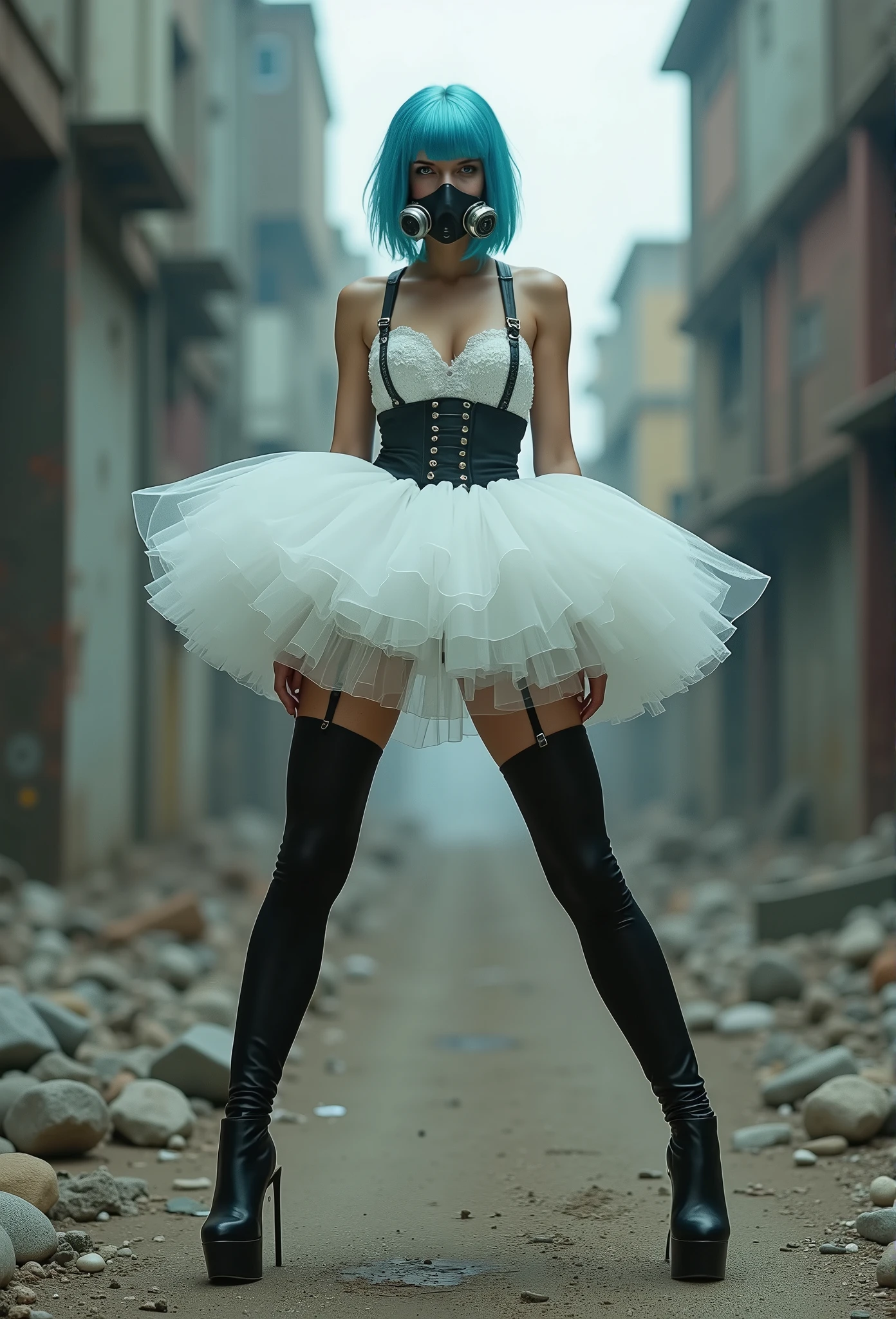  tutu is shorter  ,  insist , dass die Legs wide apart stehen, standing on tiptoes, insist ,  that a black latex stocking strap is worn visibly , head up, Honestly ,  black wet latex Stockings are significantly higher than the knees,  wide waist belt braces ,  no pantyhose ,  side braces , on tiptoes, Legs wide apart,  white short wedding dress pulled up , on tiptoes stehend,  spreader bar at her ankles  ,  cropped ,  bridal tutu put on and inflated by the wind , on tiptoes standing,  black latex stockings with suspenders , Light blue hair,  She looks directly at the camera. She is standing in a post-apocalyptic environment . She wears a small gas mask