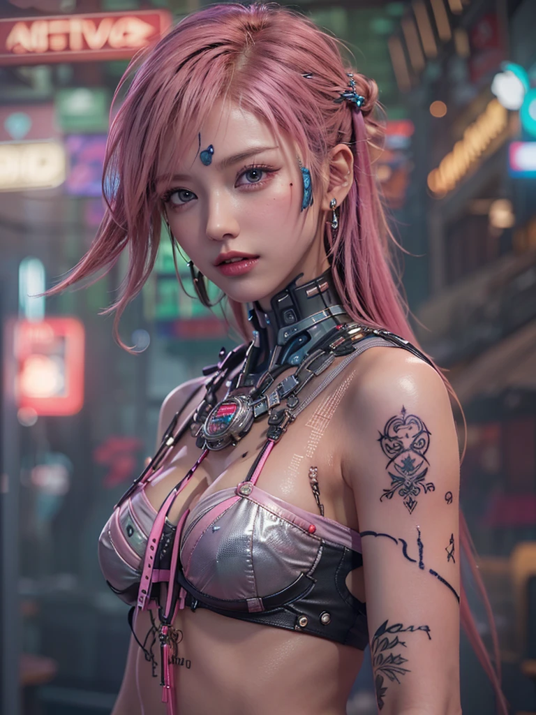 masterpiece, 1 beautiful girl, Detailed eye, Swollen eyes, top-quality, 超A high resolution, (reality: 1.4), 电影灯光, very extremely beautiful, Beautiful skins, A slender, Forward-facing body, (A hyper-realistic), (hight resolution), (8K), (ighly detailed), ( Best Illustration), (beautifully detailed eyes), (ultra-detailliert), 详细的脸, Bright lighting, Professional Lighting、the most beautiful and sexy cyberpunk girl, pink hair, blue eyes, dark african skin, wearing incredibly detailed futuristic cyberpunk battle armor, huge enormous gigantic nude tits and nipples exposed, tons of tattoos and piercings, in hyper futuristic city metropolis, cherry blossoms blowing in the wind, cinematic, incredibly perfect masterpiece, high quality, high resolution