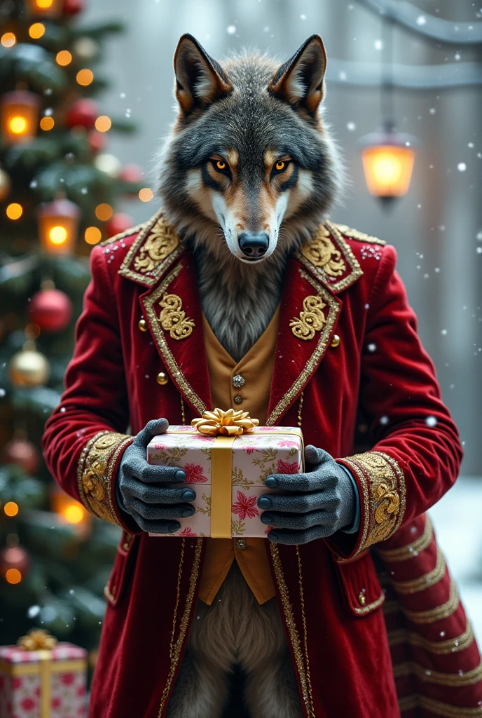 an elegant werewolff wearing a Christmas suit and holding a bag of gifts, Christmas decoration at night
