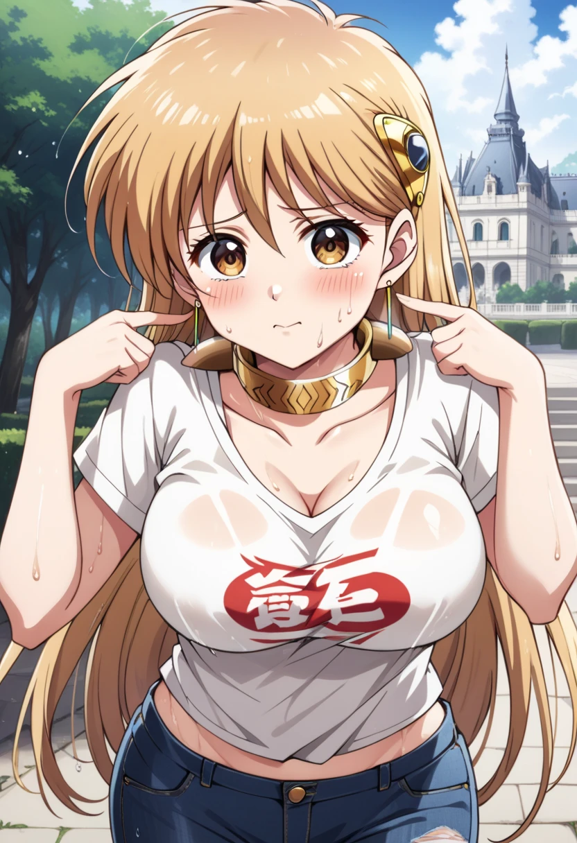 score_9, score_8_up, score_7_up, score_6_up, source_anime, BREAK 1girl, Leona, ginger blonde hair, long hair, brown eyes, hair ornament, earrings, golden collar, golden armband,  hair ornament,  white shirt, shiny skin, golden choker, big breast, covered nipples, neckline, cleavage, necklike, muslos, wide hips, wet breast, ((detailed face, blush:1.2)), BREAK, ((detailed face, blush:1.2)), beautiful hair, beautiful face, beautiful detailed eyes, beautiful clavicle, beautiful body, beautiful chest, beautiful thigh, beautiful legs, beautiful fingers, Beautiful Girl, beatiful eyes, Gorgeous young girl, young and cute girl, girl cute-fine-face, Beautiful young girl, Seductive Anime Girl, sexy look at the camera, perfect face, cute and symmetrical face, (perfect anatomy, anatomically correct, super detailed skin), fair, shiny skin, long eye lasher, wet breast, wet legs, wet thights, wet face, BREAK, wearing jeans and orange tight t-shirt, with toon penguin printed on the t-shirt,  outdoors of palace scenery, duofinger, pointing at self, upper body, outdoors, 