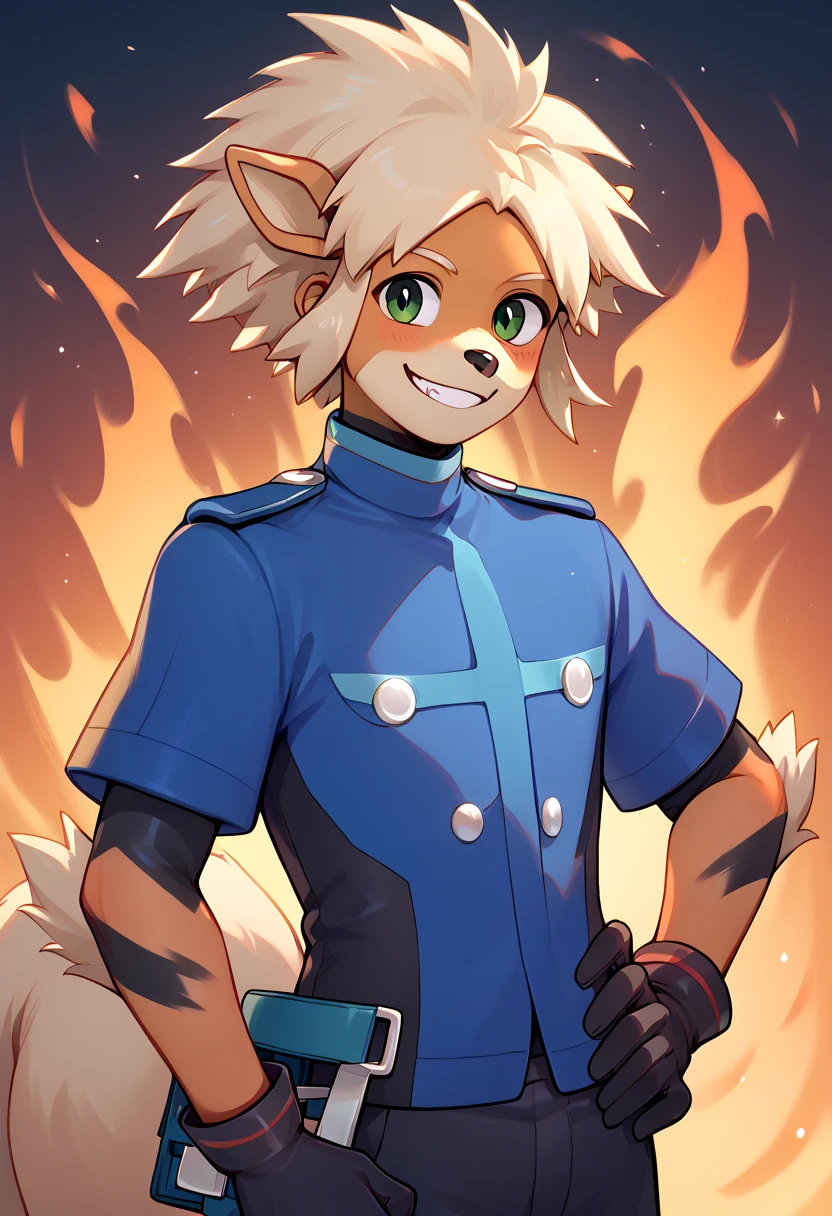 Nate, blue uniform, black metalic gloves, smiling, adult version, no hat, black utility belt, green eyes, Arcanine on the back ground proctecting nate, arcanine with red eyes, arcanine spiting fire