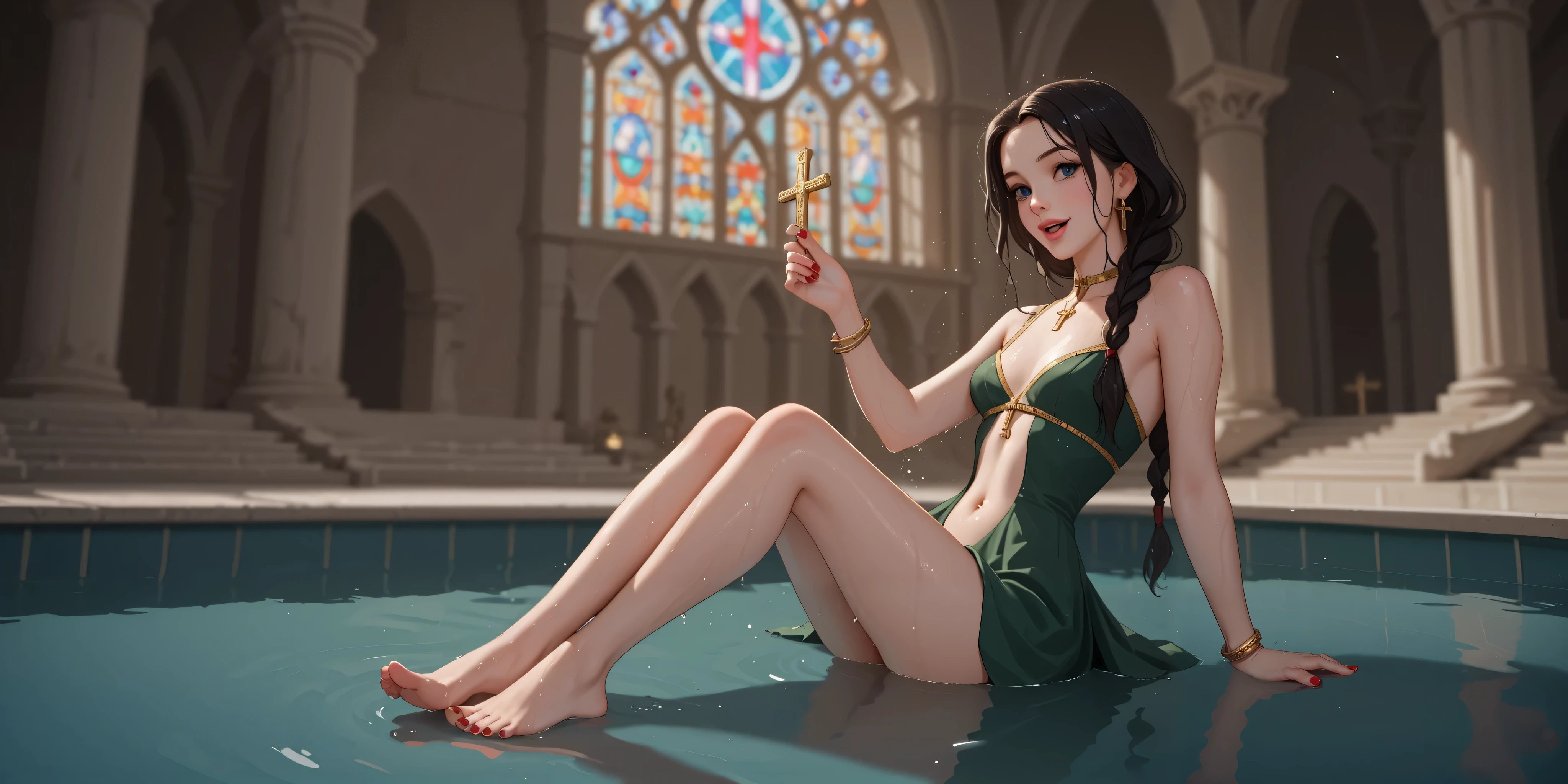 woman, green dress , wet body, well lit , depth of field, full body, golden crucifix collar, earring, gold rings , gold bracelet, gold navel piercing, long straight hair , black hair, braided hair , wet hair, highly detailed, high contrast , best quality , masterpiece , high definition , black eye pencil, red nails, pink lips, Blue Eyes, pine trees, small breasts , perfect face , perfect hands , perfect feet, perfect eyes, perfect nose, flores, crucifixo, bare feet , church, over the water, pool, open smile