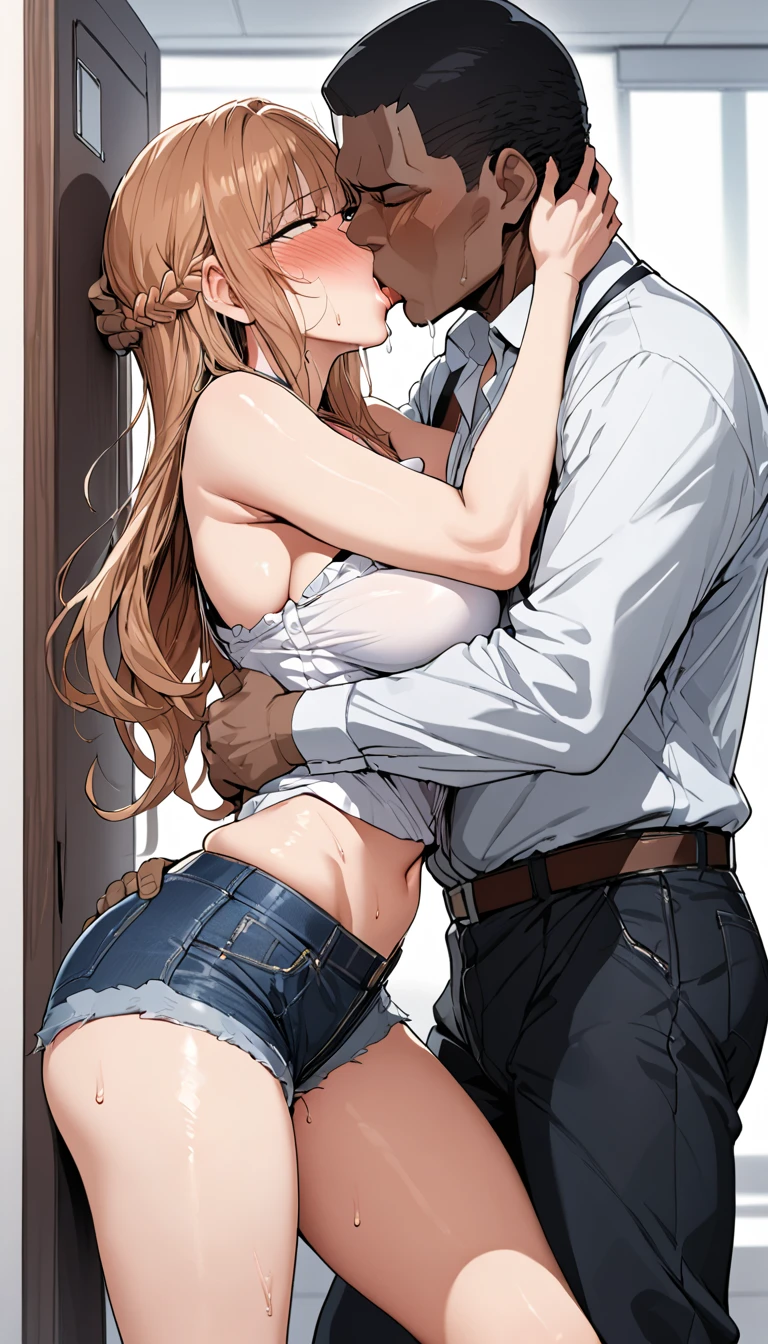 nsfw,1scene,from front,cnc,High quality,Ultra-high resolution,High-definition illustrations,Masterpiece,extremely detailed,highres,detail mouth,Mature hetero sexual couple,bewitching woman,(married sexy milf is glossy lips and uncle perv is lust hentai),(black heir),eyes rolled back, drooling, flushed cheeks, intense expression,denim shorts,unbuttoned shirt, office,intense climax,1 geezer black male stalker,(((hug from behind))),((breasts grabs)),(Deep Kiss: 1.4)), (((Forced kiss,))),((sexual harassment)),saliva,sweat,Medium breasts,seductive,beautyfull curvy,mole under eye,blush,netorare falling,