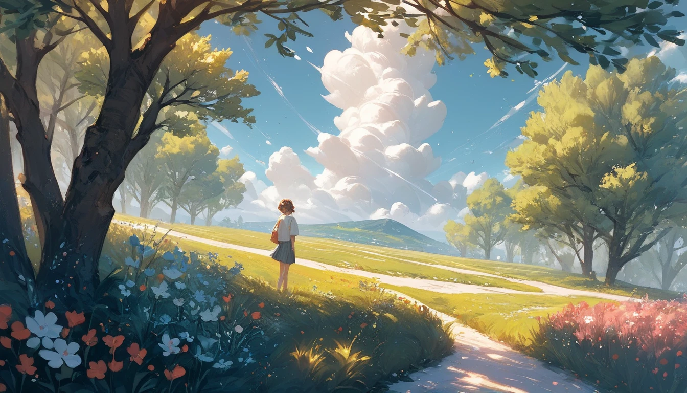 The vast sky, large grasslands, moving visual effects, colorful natural light, and a young man wearing a long-sleeved top and shorts with a black backpack can be faintly seen in the distance in the middle of the meadow.