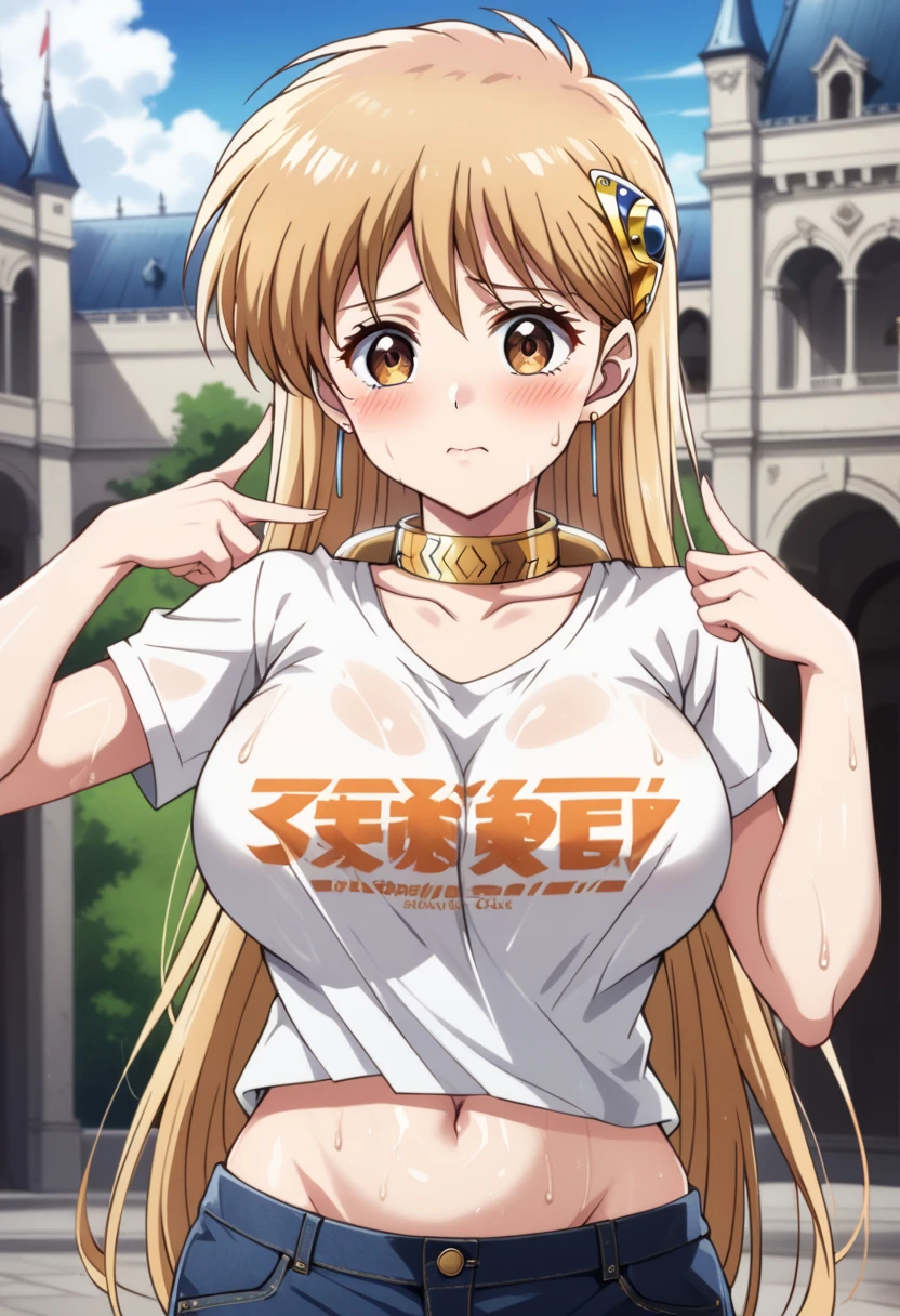 score_9, score_8_up, score_7_up, score_6_up, source_anime, BREAK 1girl, Leona, ginger blonde hair, long hair, brown eyes, hair ornament, earrings, golden collar, golden armband,  hair ornament,  white shirt, shiny skin, golden choker, big breast, covered nipples, neckline, cleavage, necklike, muslos, wide hips, wet breast, ((detailed face, blush:1.2)), BREAK, ((detailed face, blush:1.2)), beautiful hair, beautiful face, beautiful detailed eyes, beautiful clavicle, beautiful body, beautiful chest, beautiful thigh, beautiful legs, beautiful fingers, Beautiful Girl, beatiful eyes, Gorgeous young girl, young and cute girl, girl cute-fine-face, Beautiful young girl, Seductive Anime Girl, sexy look at the camera, perfect face, cute and symmetrical face, (perfect anatomy, anatomically correct, super detailed skin), fair, shiny skin, long eye lasher, wet breast, wet legs, wet thights, wet face, BREAK, wearing jeans and orange tight t-shirt, with toon penguin printed on the t-shirt,  outdoors of palace scenery, duofinger, pointing at self, upper body, outdoors, navel