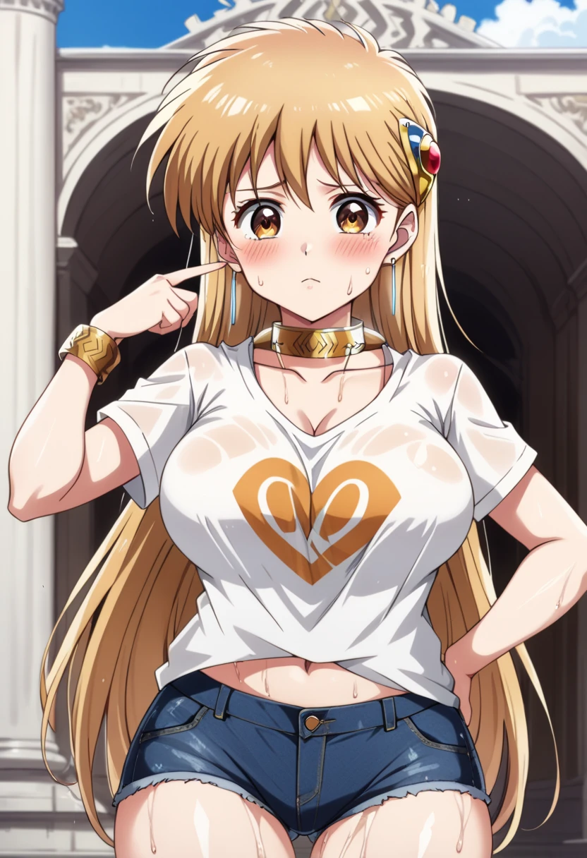 score_9, score_8_up, score_7_up, score_6_up, source_anime, BREAK 1girl, Leona, ginger blonde hair, long hair, brown eyes, hair ornament, earrings, golden collar, golden armband,  hair ornament,  white shirt, shiny skin, golden choker, big breast, covered nipples, neckline, cleavage, necklike, muslos, wide hips, wet breast, ((detailed face, blush:1.2)), BREAK, ((detailed face, blush:1.2)), beautiful hair, beautiful face, beautiful detailed eyes, beautiful clavicle, beautiful body, beautiful chest, beautiful thigh, beautiful legs, beautiful fingers, Beautiful Girl, beatiful eyes, Gorgeous young girl, young and cute girl, girl cute-fine-face, Beautiful young girl, Seductive Anime Girl, sexy look at the camera, perfect face, cute and symmetrical face, (perfect anatomy, anatomically correct, super detailed skin), fair, shiny skin, long eye lasher, wet breast, wet legs, wet thights, wet face, BREAK, wearing jeans and orange tight t-shirt, with toon penguin printed on the t-shirt,  outdoors of palace scenery, duofinger, pointing at self, upper body, outdoors, navel