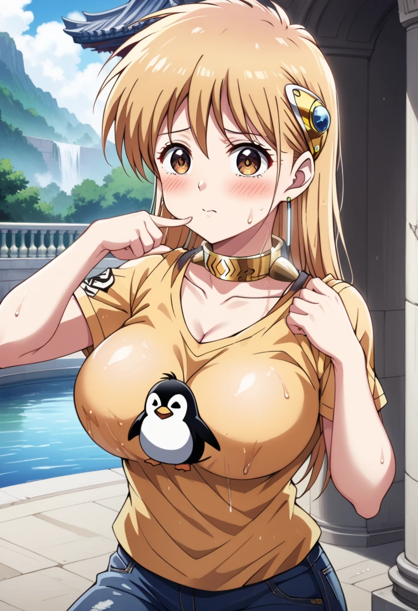 score_9, score_8_up, score_7_up, score_6_up, source_anime, BREAK 1girl, Leona, ginger blonde hair, long hair, brown eyes, hair ornament, earrings, golden collar, golden armband,  hair ornament,  white shirt, shiny skin, golden choker, big breast, covered nipples, neckline, cleavage, necklike, muslos, wide hips, wet breast, ((detailed face, blush:1.2)), BREAK, ((detailed face, blush:1.2)), beautiful hair, beautiful face, beautiful detailed eyes, beautiful clavicle, beautiful body, beautiful chest, beautiful thigh, beautiful legs, beautiful fingers, Beautiful Girl, beatiful eyes, Gorgeous young girl, young and cute girl, girl cute-fine-face, Beautiful young girl, Seductive Anime Girl, sexy look at the camera, perfect face, cute and symmetrical face, (perfect anatomy, anatomically correct, super detailed skin), fair, shiny skin, long eye lasher, wet breast, wet legs, wet thights, wet face, BREAK, wearing jeans and orange tight t-shirt, with toon penguin printed on the t-shirt,  outdoors of palace scenery, duofinger, pointing at self, upper body, outdoors, navel