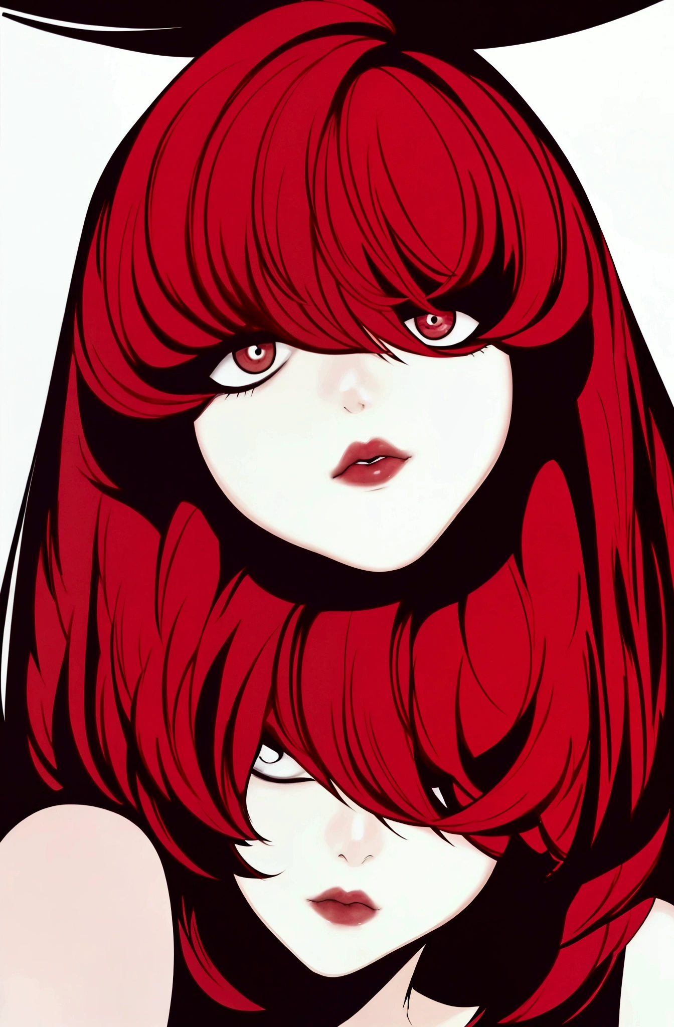  The character in the image has long and voluminous hair ,  of a vibrant red hue ,  that seem to have a brilliant effect .  She wears a simple white t-shirt that highlights her appearance .  His face is expressive ,  with striking eyes that convey a certain depth and mystery.  The makeup is soft , accentuating your traits. In the background, there are graphic elements ,  such as eye drawings and lines ,  that add an artistic and modern touch to the composition .  The overall atmosphere of the image combines elements of beauty and intriguing ,  suggesting a strong and unique personality .