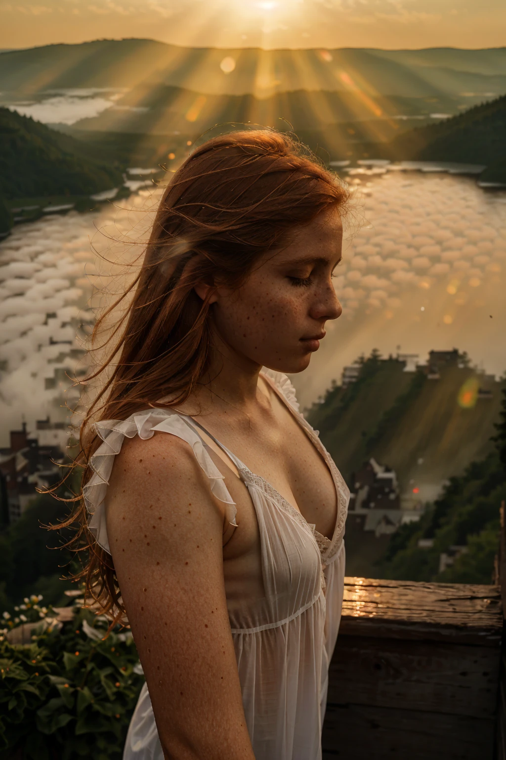 a girl cuddling another girl, emerging from the water, beautiful redhead young girl, delicate pale skin, white victorian blouse, see through (whole body:1.2),frappé par un (Un rayon de soleil depuis une fenêtre:1.1), top down view, a beautiful misty landscape, fog, steam, atmospheric, dramatic lighting, cinematic, moody, ethereal, fantasy, mist, hazy, dream-like, serene, peaceful, calming, soft focus, depth of field, 8k, photorealistic, highly detailed, masterpiece, intricate details, lush environment, nature, forest, mountains, hills, trees, atmosphere, mood, light rays, volumetric lighting, dramatic, emotive, cinematic, fantasy, mystical, tranquil, atmospheric, ethereal , peaceful expression, a detailed portrait