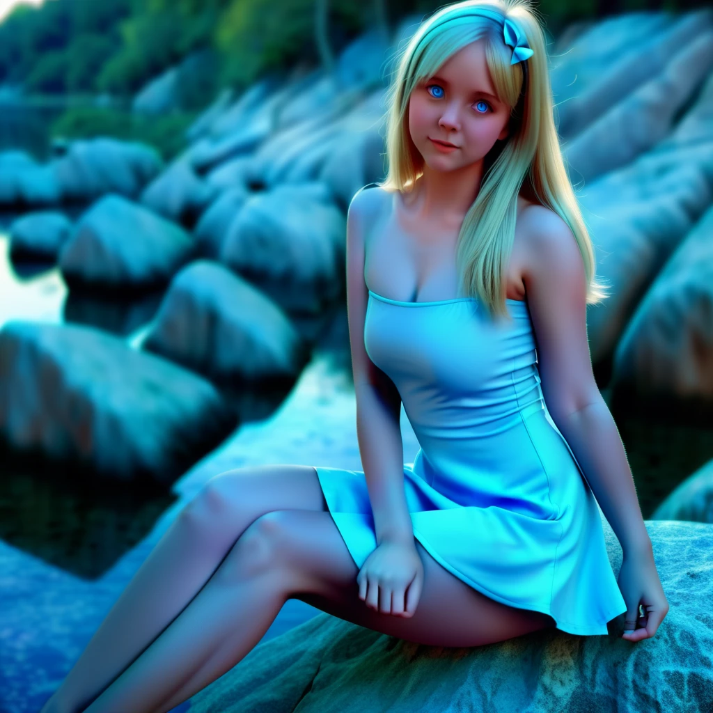 Girl, cute face, blonde, cute blue eyes, wearing light blue cute short dress, sitting on a rock, leaning on the rock, cute pose, beautiful legs, beautiful thighs, flat chest, leaning on her side