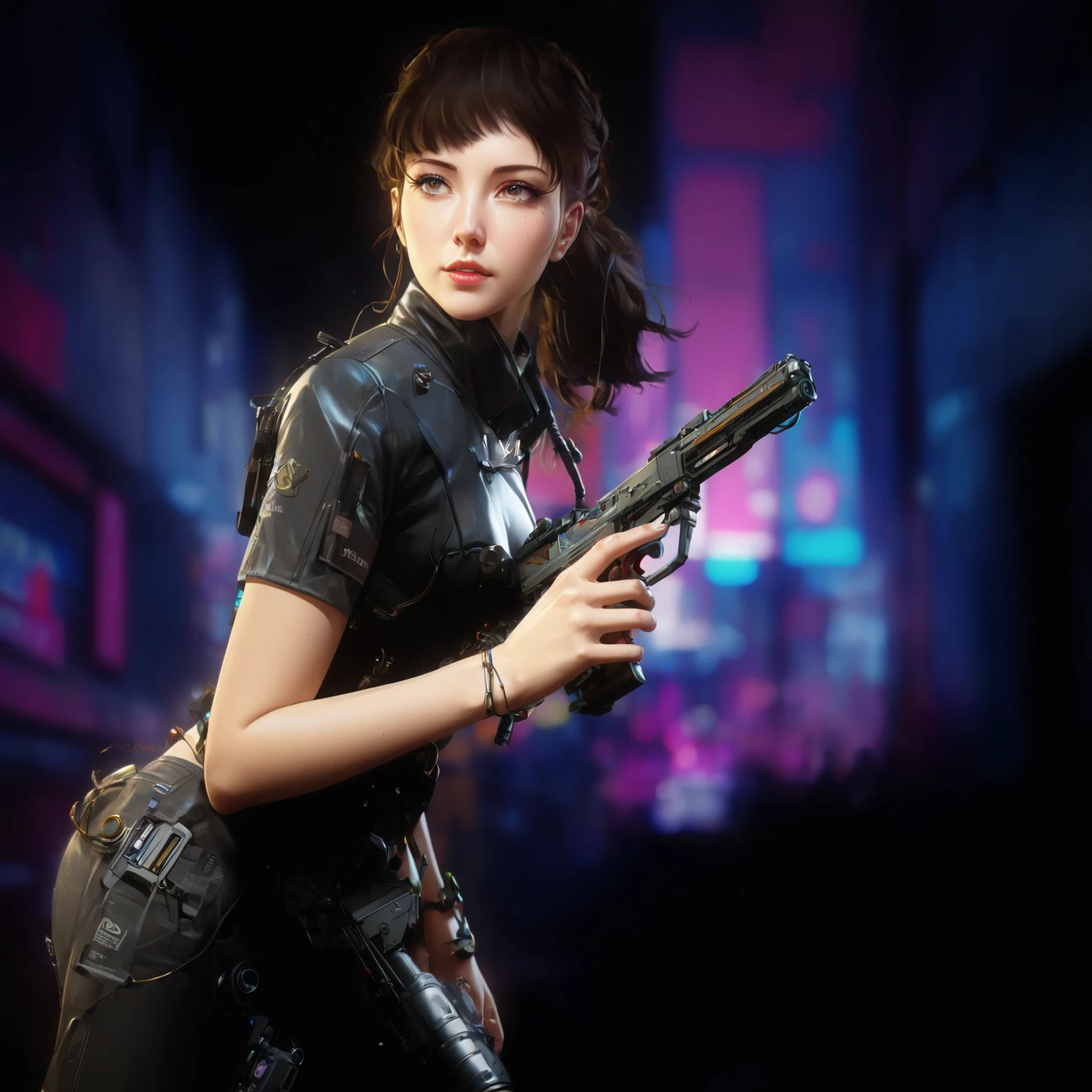 at night. futuristic railway station, neon-themed artwork with vibrant purple and blue colors, intense neon lights illuminating the entire scene, a dense layer of mist creating a dreamy atmosphere, a captivating and mesmerizing background with intricate details, a gaming-inspired theme with RGB lighting effects. (((1girl, solo, alone))), female assassin, large-breast:1.4 slim:0.8 body, medium hair, cleavage:1.1, sexy micro laced lingerie, (black sunglasses), (((((she raised a pistol:1.8 and shot the viewer))))), standing pose, ((half-body thigh:0.95 level medium shot)), cinematic lighting, lens flare, ray tracing.