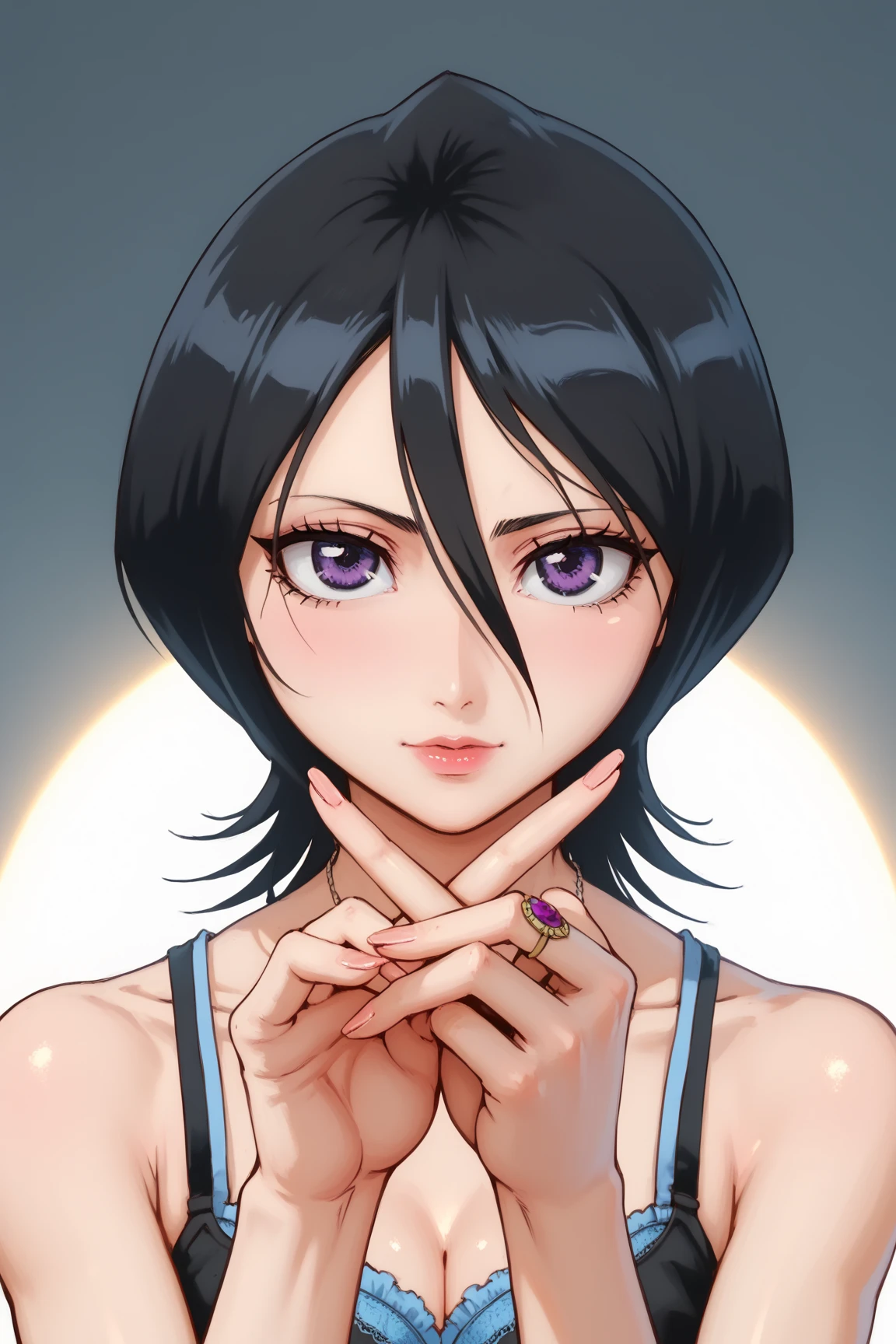 rukia kuchiki, black hair, hair between eyes, purple eyes, short hair, ((fully naked)), 8k,Obra maestra,mejor calidad,ultra detallado,detalles intrincados,hiper calidad,alto detalle,profesional, HDR,cinematic lighting,panoramic view,sola,((beauty eyes)),((perfect hands)),((anatomically perfect)), ((completamente desnuda)), cuerpo completo, cuerpo detallado, bowlegged_pose,