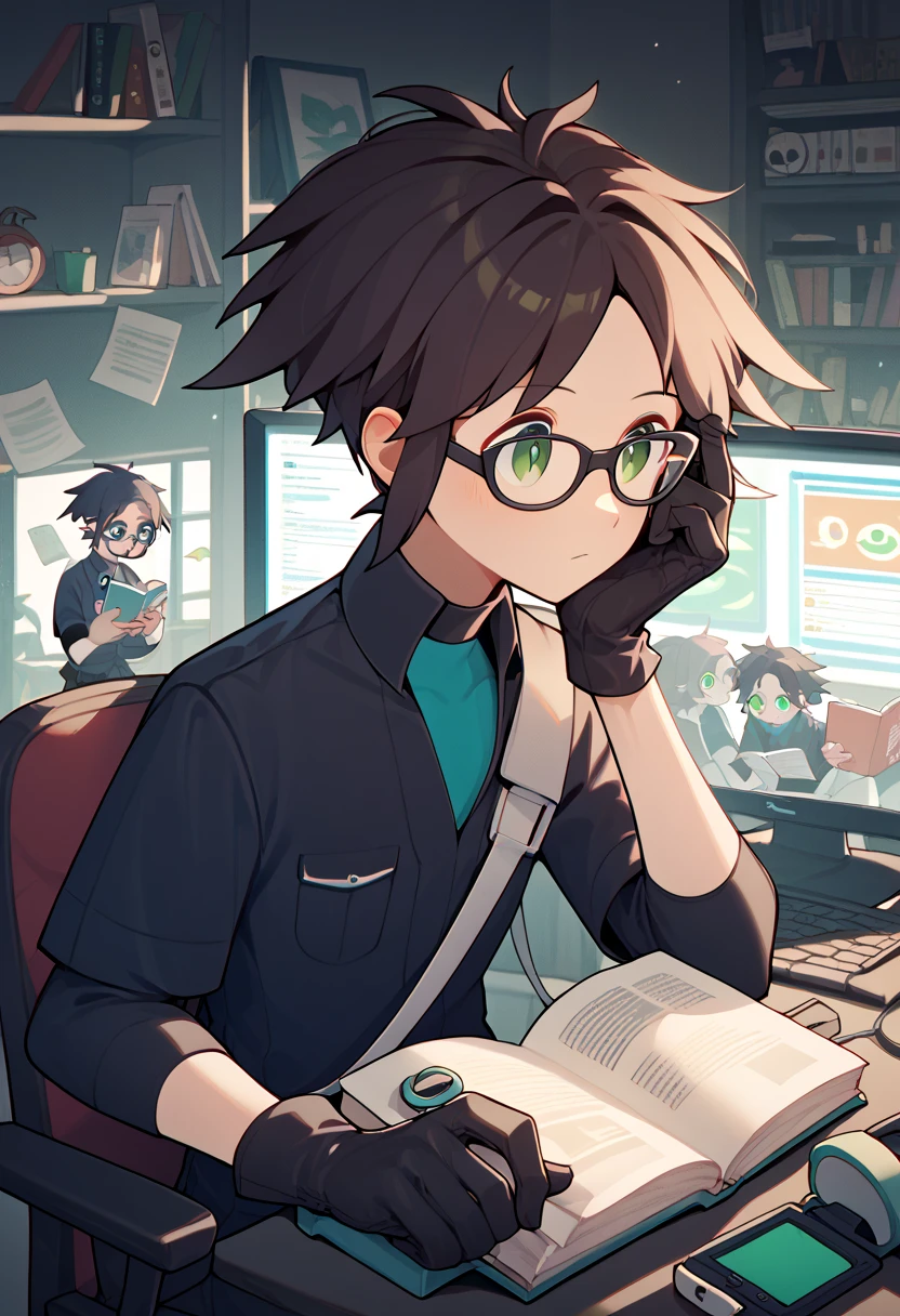 Nate, black uniform, black metalic gloves, adult version, no hat, black utility belt, green eyes,  reading a computer screen, secret dark lab, spying