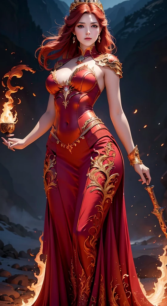 a Busty woman with red hair and a red dress is standing in front of a dark background, beautiful elegant queen, goddess of fire, 4k fantasy art, fantasy woman, lady in red armor, epic fantasy art style hd, the fire queen, inspired by Magali Villeneuve, detailed fantasy art, redhead queen in heavy red armor, gothic fantasy art, hd fantasy art, artgerm detailed, anime goddess, extremely detailed artgerm, appears as the fire goddess, style of artgerm, shadowverse style, concept art | artgerm, style artgerm, rossdraws sakimimichan, artgerm style, artgerm. high detail