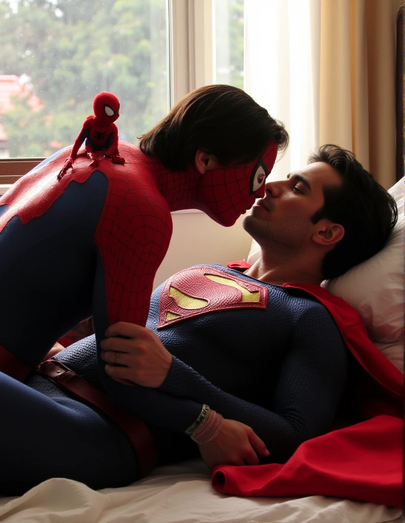 Spider-Man wears the classic red spider costume. Spider-Man kiss Superman.Superman,a 30-year-old a buff man in a superman costume (think movie version of Superman-black undercut and muscular build, wearing a Superman suit. His iconic red and blue superhero costume is highly detailed, including the bright red cloak. 
In the sunny room, lying on the bed, helpless, out of energy, fatigue, peeing white urine resembling yogurt or milk, Spider-Man sits on the penis of main figure, Spider-Man look at the Superman, lean on Superman, touch his body, sunlight, natural photorealistic result