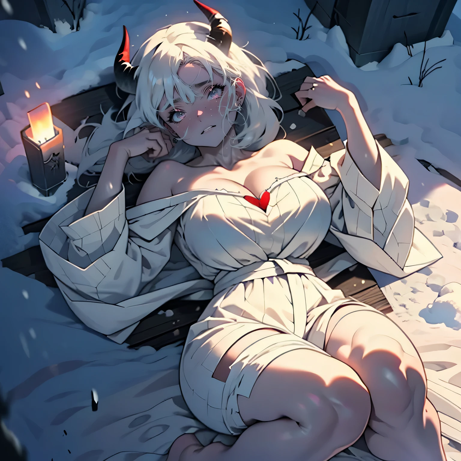 best quality, crying girl laying back on floor in fear, desperate face in fear, extremely sad and fearful, looking down, anime character, extreme detail, anime face, huge breasts, loose white ghost costume, night, tombstone, graveyard, long sleeves, very long sleeves, ghost, ultra pale skin, off shoulder, cleavage, no bra, extremely long white hair, lying on ground in graveyard, naked feet, bare legs, ravaged clothes, curvy wide hips, massive breasts, chubby thighs, beautiful pink eyes, perfect eyes, top down. with red Oni horns, massive breasts, giant (full body), (long beautiful legs), lying down, view from above, (snow white skin: 1.3)