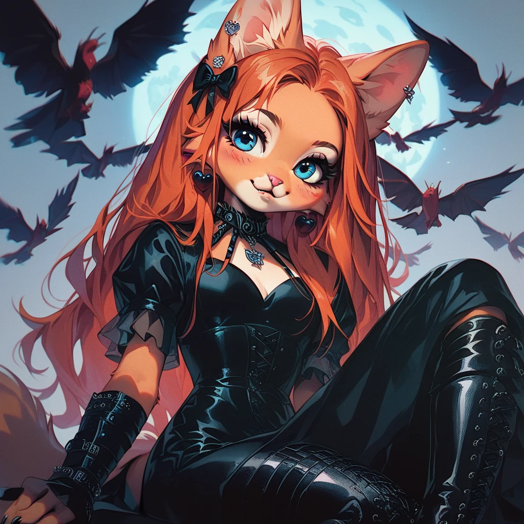 Little fox, loli girl, furry, black hair, long hair, ginger fur, blue eyes, cute loli, face similar to Diane Foxington, black gothic dress, black boots, pentyhose, earrings, alone