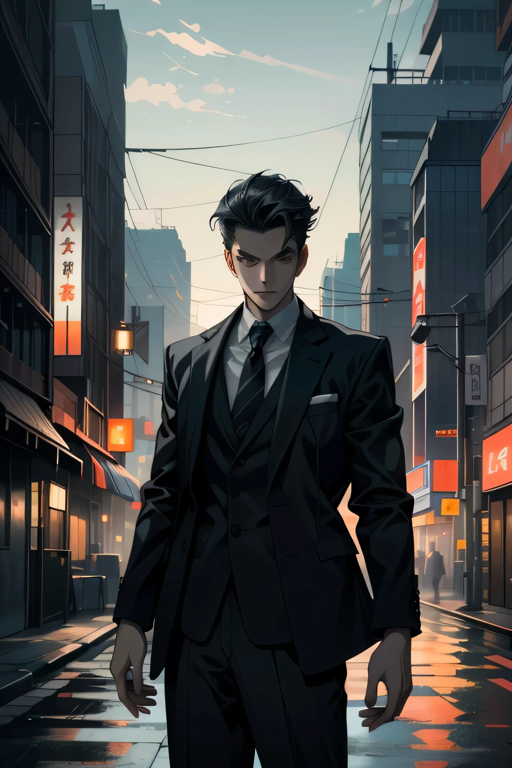 ((ultra detailed, masterpiece, absurdres))
 AWAlex, 1boy, short hair, looking at viewer, in a sleek modern suit striking a pose in front of a neon-lit Tokyo street