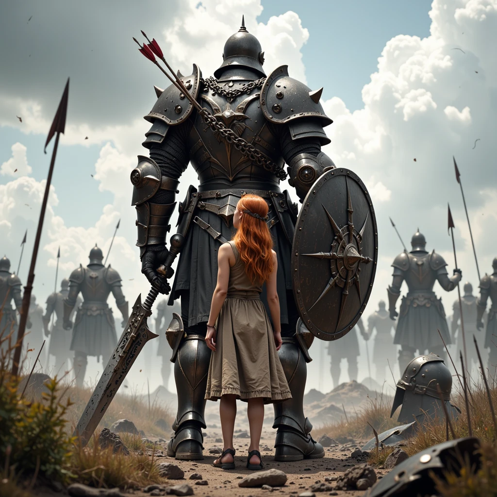 A photorealistic and cinematic epic scene with two main characters in the center, viewed from behind. The larger figure is a Henty Cavill embodied as tall knight clad in heavy dark armor with metallic highlights on the shoulder plates, arm guards, and helmet, holding a large round shield with visible rivets, mesh structure, and bolts attached to its back. Three arrows are stuck in the left side of the shield, adding dynamic movement to the scene. The knight's right arm is covered by a thick chain-braced gauntlet, with intricate metalwork, stitching patterns, and decorative carvings. In his left hand, he wields a massive chainsword with a spiked end and a chain attached to it. A young girl with long flowing orange-red hair stands closely beside him, wearing a sleeveless light brown dress with a trims along the hemline. She has her left hand raised, touching the knight's armored arm, while her right arm hangs naturally at her side. Her expression appears determined as she looks upward towards the knight. They are surrounded by a battlefield filled with blurred grasses, scattered debris, and sharp objects. Faint silhouettes of giant figures wielding spears can be seen in the background, creating a sense of impending danger or protection. The sky is overcast and cloudy, contributing to the misty atmosphere. Numerous arrows are seen flying through the air, some piercing the ground. A large, broken weapon resembling a shattered helmet lies on the ground near the figures. The lighting is soft and diffused, casting gentle shadows and highlighting textures. The color palette includes earthy tones like deep browns, grays, muted greens, warm oranges, and hints of beige and dusty gray, enhancing the dramatic mood. The overall composition focuses on the protective stance of the knight and the like presence of the girl, set against a chaotic battlefield that emphasizes themes of protection, unity, and survival in a high fantasy setting.