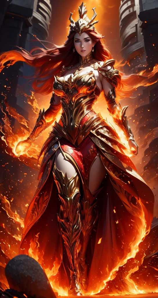 a Busty woman with red hair and a red dress is standing in front of a dark background, beautiful elegant queen, goddess of fire, 4k fantasy art, fantasy woman, lady in red armor, epic fantasy art style hd, the fire queen, inspired by Magali Villeneuve, detailed fantasy art, redhead queen in heavy red armor, gothic fantasy art, hd fantasy art, artgerm detailed, anime goddess, extremely detailed artgerm, appears as the fire goddess, style of artgerm, shadowverse style, concept art | artgerm, style artgerm, rossdraws sakimimichan, artgerm style, artgerm. high detail