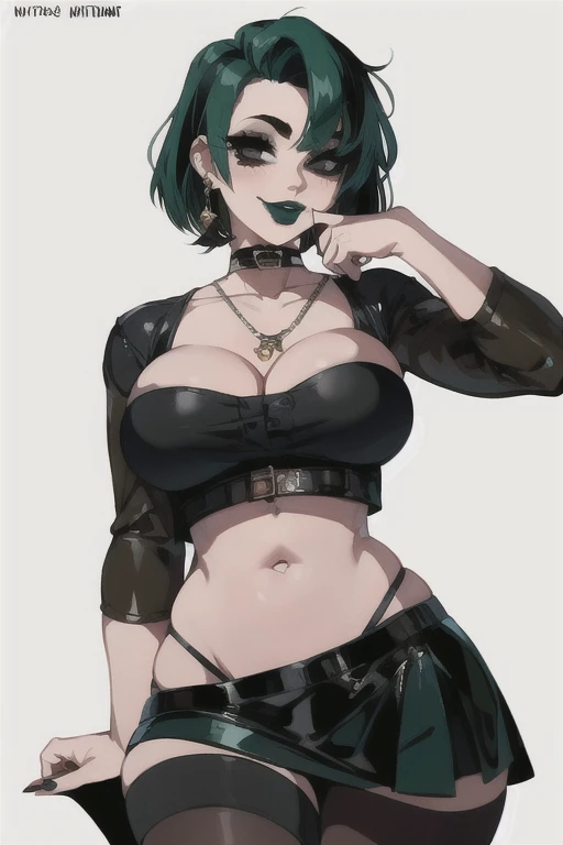 masterpiece,best quality,extreme detail,8k,(white background),gwendrama,1girl,solo,breasts,looking at viewer,smile,short hair,bangs,skirt,simple background,black hair,white background,navel,cleavage,brown eyes,jewelry,medium breasts,green hair,pantyhose,multicolored hair,cowboy shot,earrings,choker,midriff,artist name,black skirt,crop top,makeup,black choker,piercing,lipstick,ear piercing,eyeshadow,gothic,black lips,