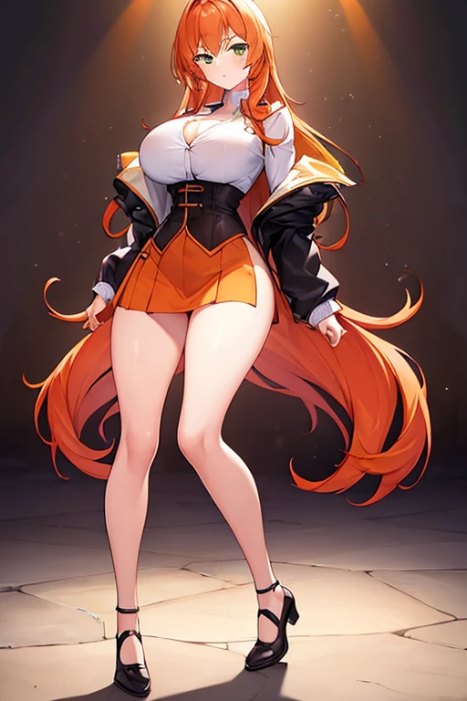 ​masterpiece、top-quality、Movie stills、1 female、Orange hair、Colossal 、Huge ass、Fitting black leggings suit、yellow  eyes、thick thighs、Long wavy hair、wide hips、Thigh muscles、Strong thighs、White hoodie 、(Spark:0.7)、eye glass