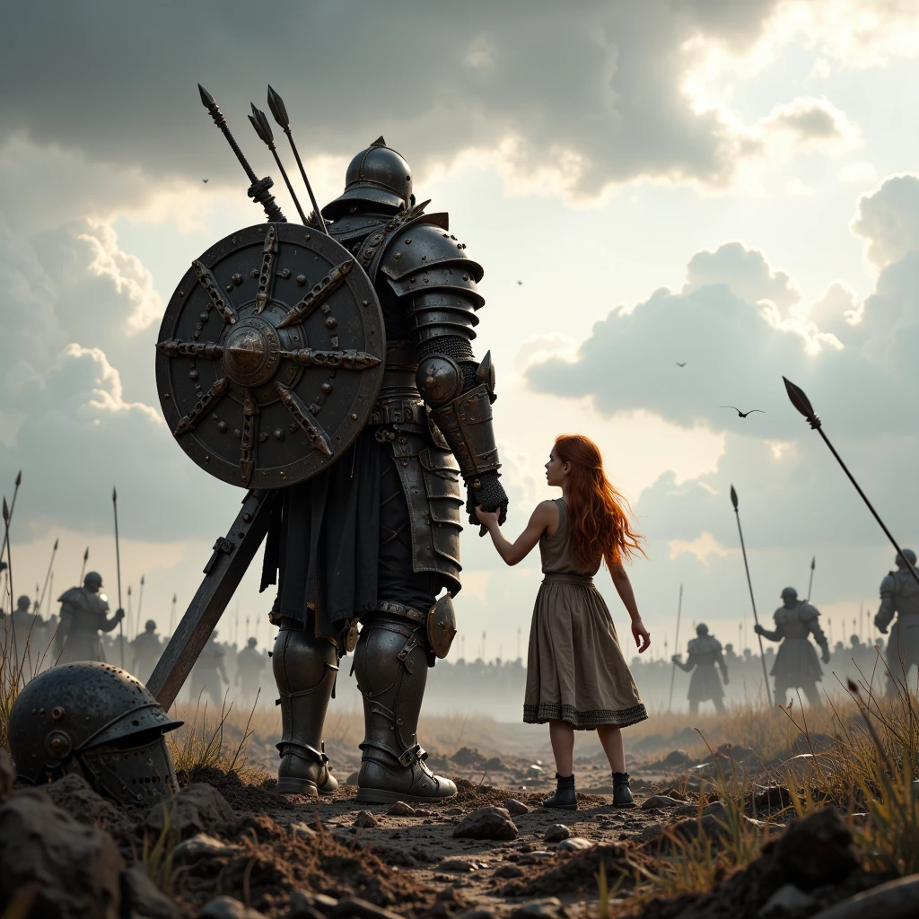 A photorealistic and cinematic epic scene with two main characters in the center, viewed from behind. The larger figure is a Henty Cavill embodied as tall knight clad in heavy dark armor with metallic highlights on the shoulder plates, arm guards, and helmet, holding a large round shield with visible rivets, mesh structure, and bolts attached to its back. Three arrows are stuck in the left side of the shield, adding dynamic movement to the scene. The knight's right arm is covered by a thick chain-braced gauntlet, with intricate metalwork, stitching patterns, and decorative carvings. In his left hand, he wields a massive chainsword with a spiked end and a chain attached to it. A young girl with long flowing orange-red hair stands closely beside him, wearing a sleeveless light brown dress with a trims along the hemline. She has her left hand raised, touching the knight's armored arm, while her right arm hangs naturally at her side. Her expression appears determined as she looks upward towards the knight. They are surrounded by a battlefield filled with blurred grasses, scattered debris, and sharp objects. Faint silhouettes of giant figures wielding spears can be seen in the background, creating a sense of impending danger or protection. The sky is overcast and cloudy, contributing to the misty atmosphere. Numerous arrows are seen flying through the air, some piercing the ground. A large, broken weapon resembling a shattered helmet lies on the ground near the figures. The lighting is soft and diffused, casting gentle shadows and highlighting textures. The color palette includes earthy tones like deep browns, grays, muted greens, warm oranges, and hints of beige and dusty gray, enhancing the dramatic mood. The overall composition focuses on the protective stance of the knight and the like presence of the girl, set against a chaotic battlefield that emphasizes themes of protection, unity, and survival in a high fantasy setting.