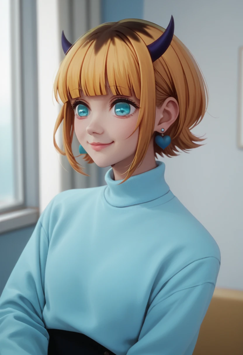 mem-cho,1girl,solo,short hair,blonde hair,horns,earrings,jewelry,smile,shirt,bangs,white shirt,multicolored hair,bow,blunt bangs,long sleeves,blue sweater