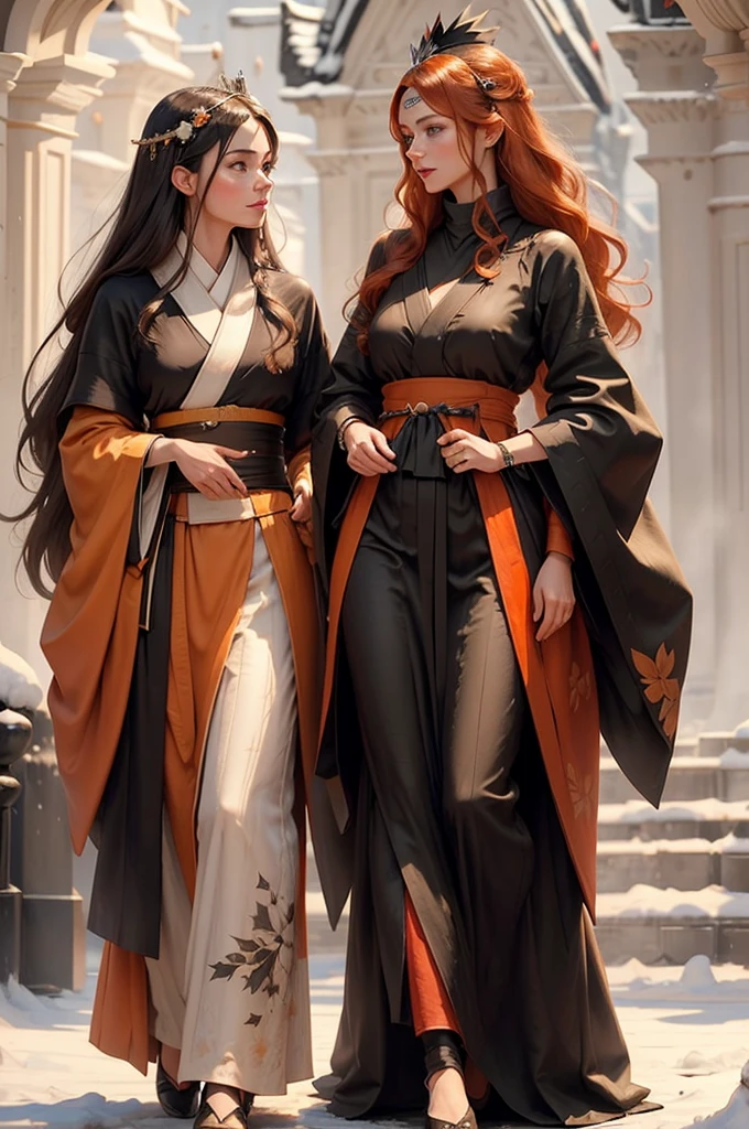 2 women, profile, wide shot, full-body shot, dark-age fantasy, tall and thin 18 years old princess being flirted on by an smaller assertive middle-age european noblewoman in fur coat, in a royal european garden, orange kimono with white decorations and black borders, long ginger hairs, freckles, submissive pleased reaction, flattered hand gestures, black feather crown, green eyes, orange kimono. black obi, winter, snow, looking into her eyes