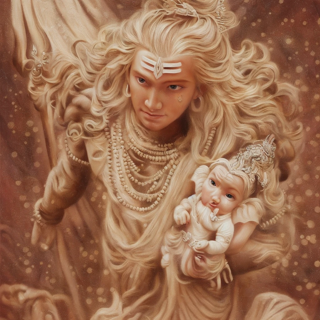 a painting of a deity holding a baby gandapa, god shiva the destroyer, lord shiva, shiva, hindu god, indian god, hindu gods, hinduism, ganapati, ganesha, ganesh, vinayak, hindu aesthetic, vishnu, hindu art, by Thota Vaikuntham, attractive male deity, avatar image, 😃😀😄☺🙃😉😗
