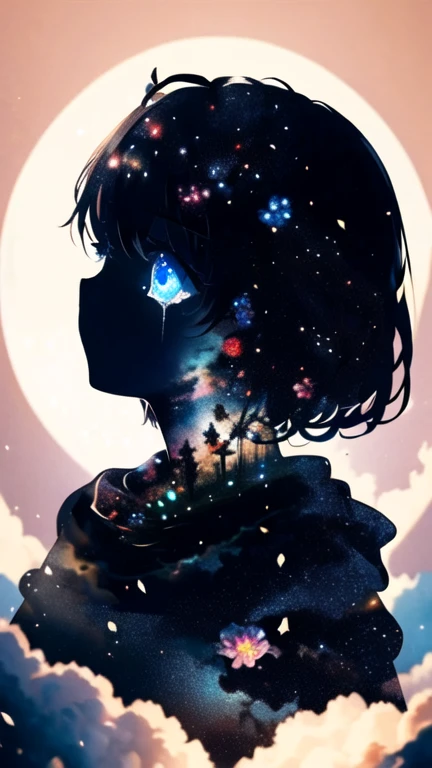 masterpiece, best quality, (silhouette:1.3), short hair, glowing eyes, beautiful eyes, star (sky), profile, flower, tears, 