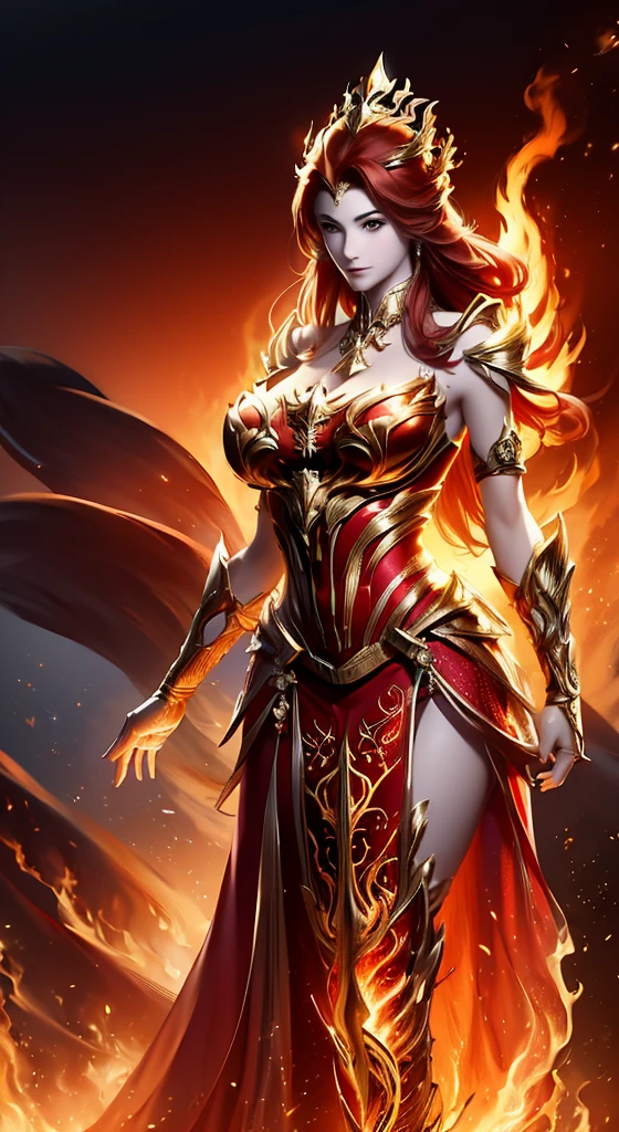 a Busty woman with red hair and a red dress is standing in front of a dark background, beautiful elegant queen, goddess of fire, 4k fantasy art, fantasy woman, lady in red armor, epic fantasy art style hd, the fire queen, inspired by Magali Villeneuve, detailed fantasy art, redhead queen in heavy red armor, gothic fantasy art, hd fantasy art, artgerm detailed, anime goddess, extremely detailed artgerm, appears as the fire goddess, style of artgerm, shadowverse style, concept art | artgerm, style artgerm, rossdraws sakimimichan, artgerm style, artgerm. high detail