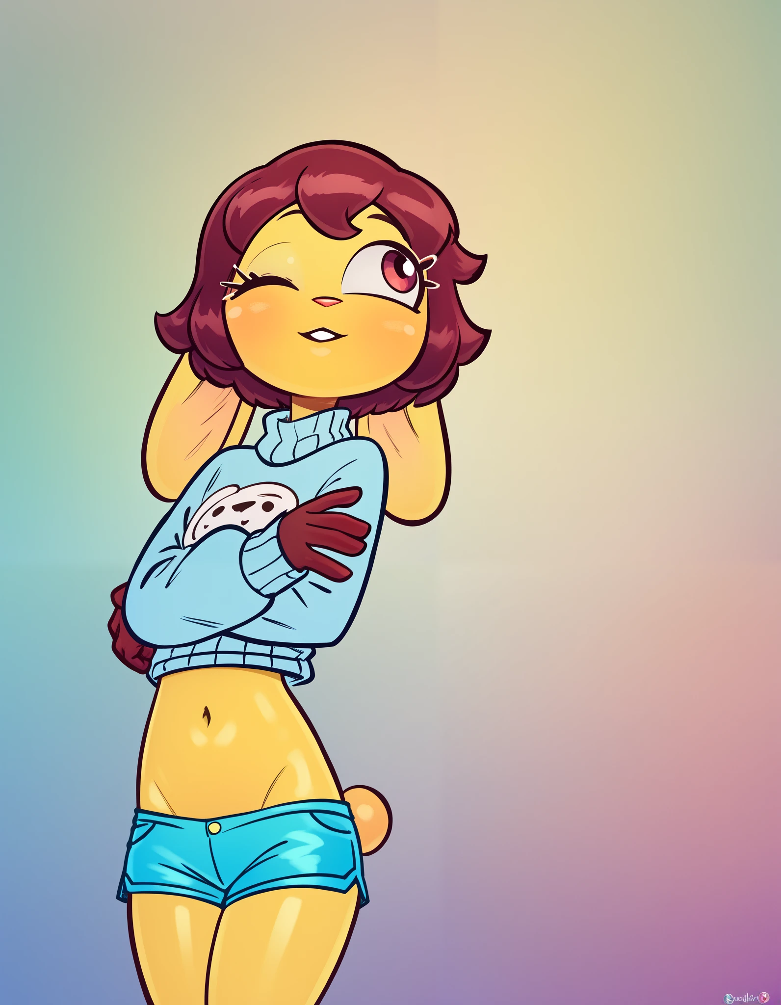 A man, femboy, clear skin, Slim and delicate body, Red hair, Red eyes, black sweatshirt, red string thong, fat ass, thick thighs, small penis, blushing, nervous expression, smile nervously, touching her butt, Alone, 