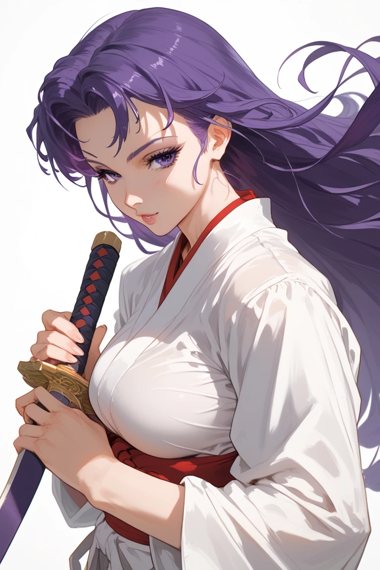 1 woman,  purple hair,  purple eyes, Long hair, Wear a high-resolution 90s ,  sensual posture , hentai,  boobs,  boobsใหญ่,  shirt,  Masterpiece,  anatomically correct,  Wild  Flooring, precise, Holding a samurai sword